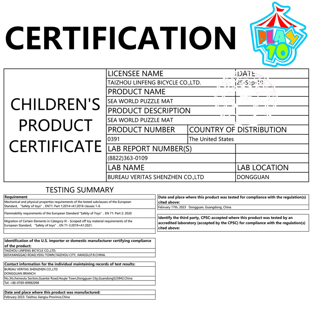 Play 10 non-toxic EVA material supports safe floor play for toddlers.