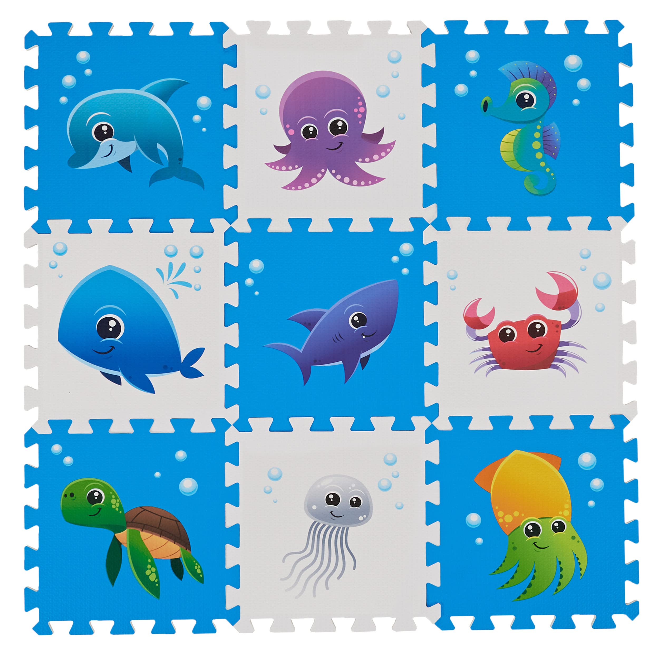 Play 10 Puzzle Play Mat Sea World 9-Piece tiles provide a safe, cushioned crawl space.