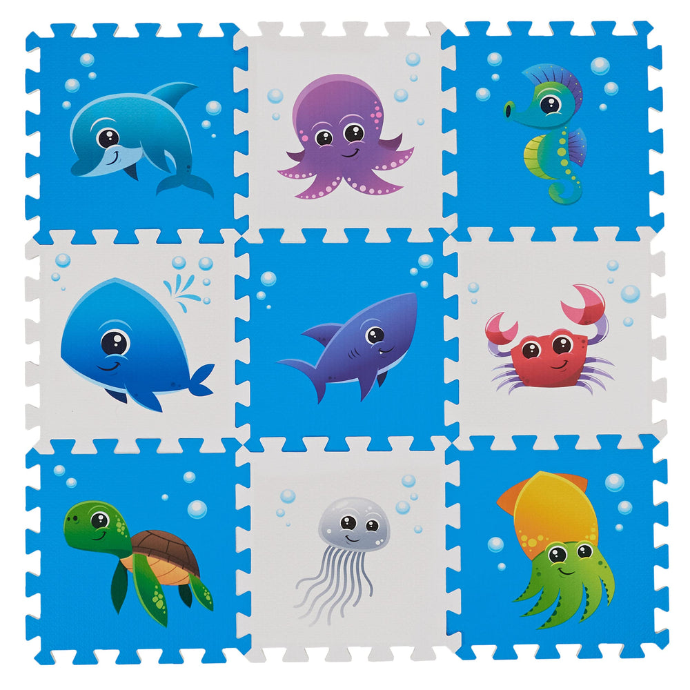 Play 10 Puzzle Play Mat Sea World 9-Piece tiles provide a safe, cushioned crawl space.