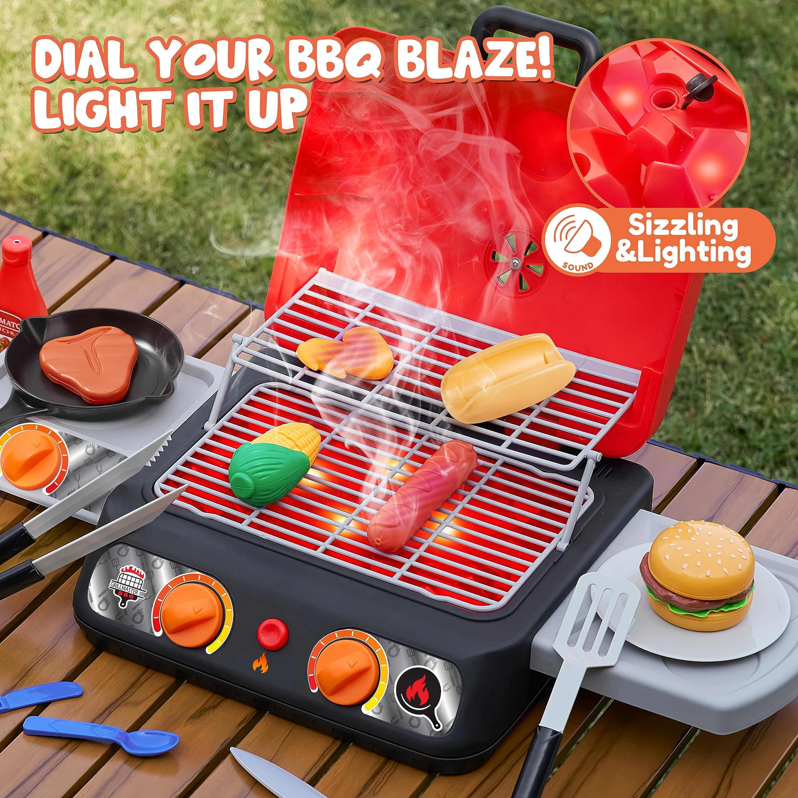 Play-Act grill control knobs encourage hands-on pretend control