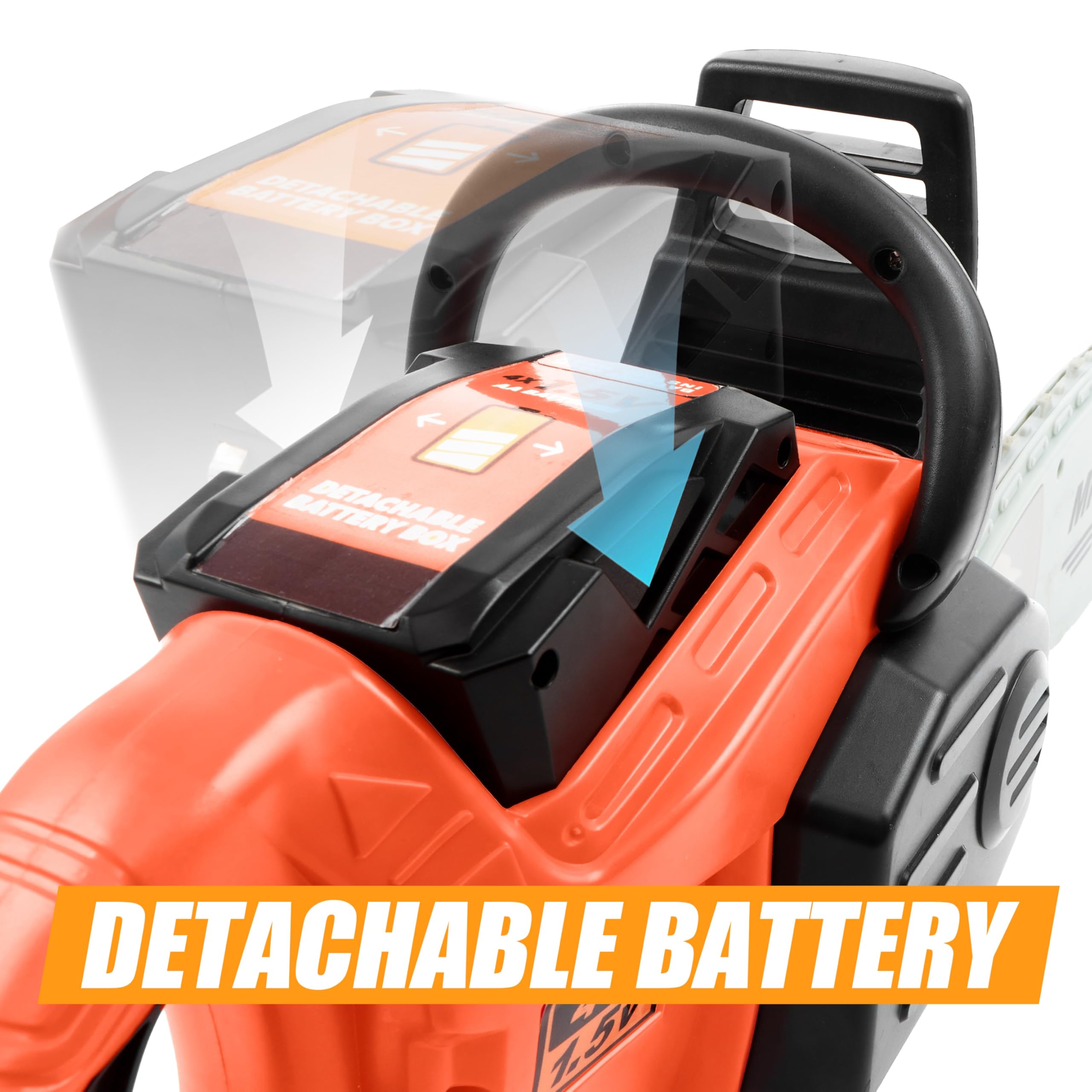 Play-Act Mighty Force chainsaw toy removable battery box for authentic setup