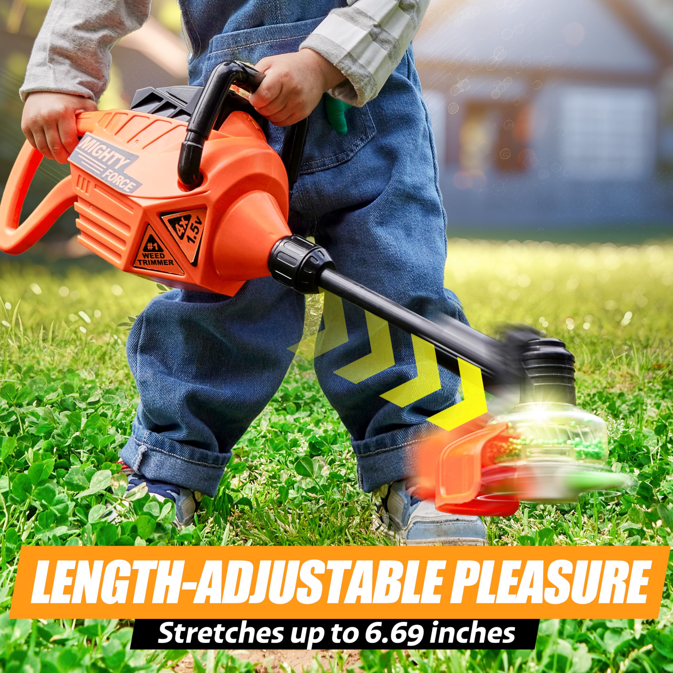 Play-Act weed trimmer featuring orange switch for easy operation