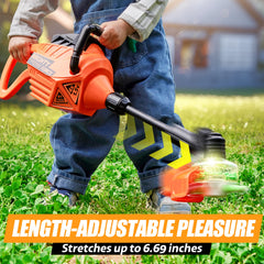 Play-Act weed trimmer featuring orange switch for easy operation