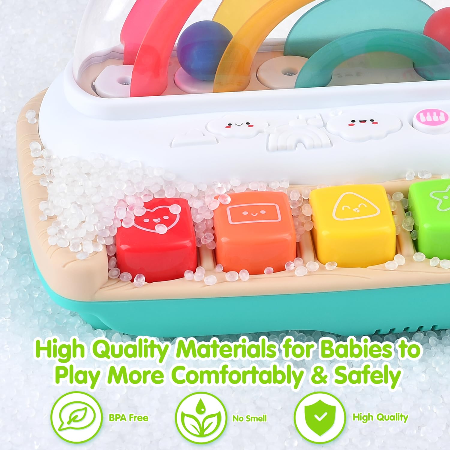 PLAY Buttons and sound effects encourage pattern and color recognition during play.