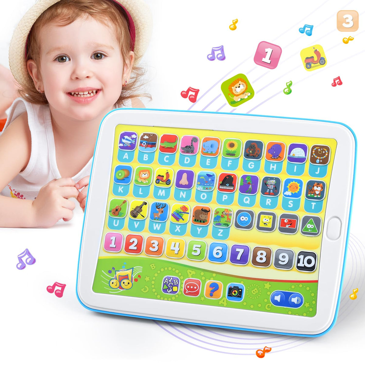 PLAY bilingual tablet displays English and Spanish alphabet for early language exposure.