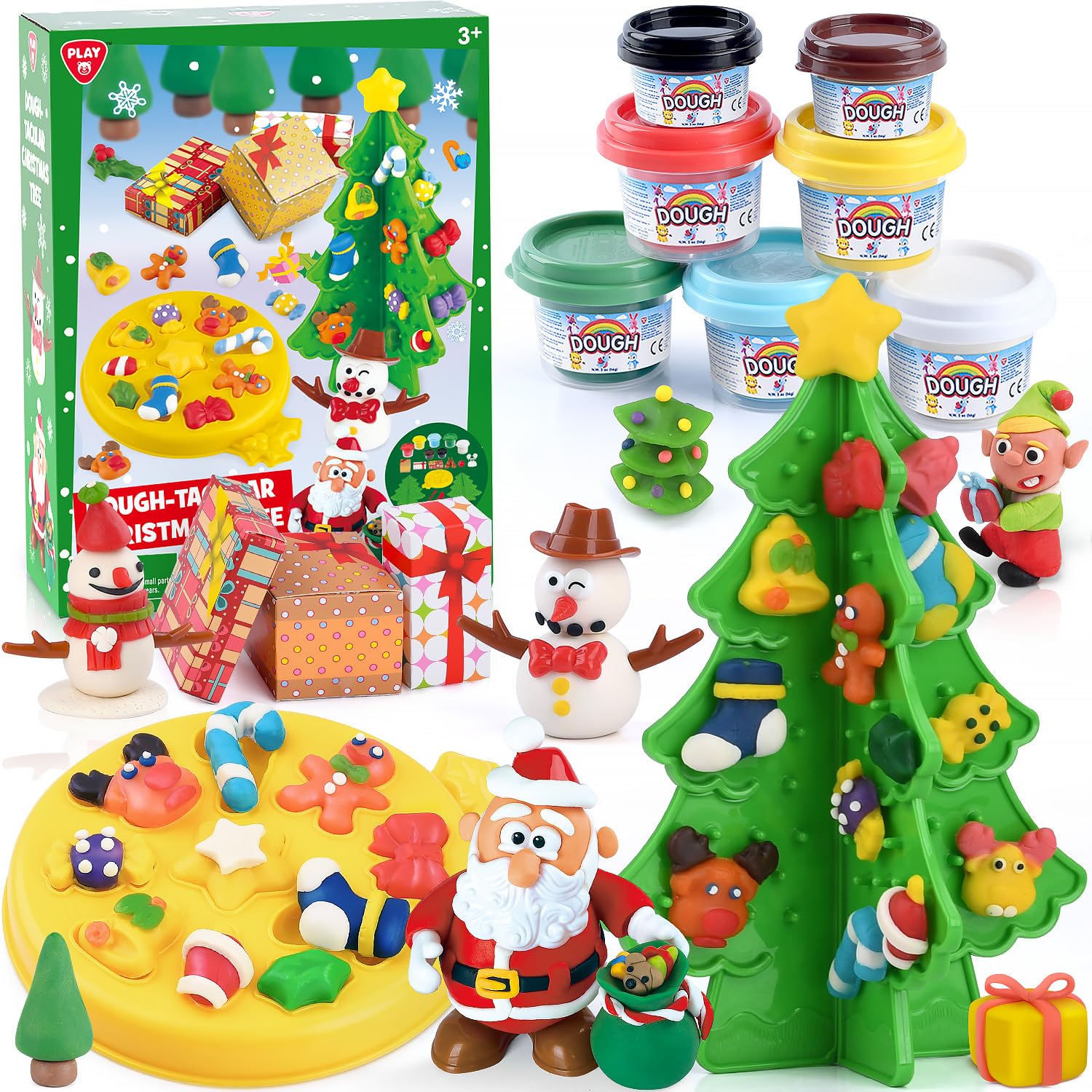PLAY Christmas color dough sets packaging shows vibrant colors and kid-safe design.