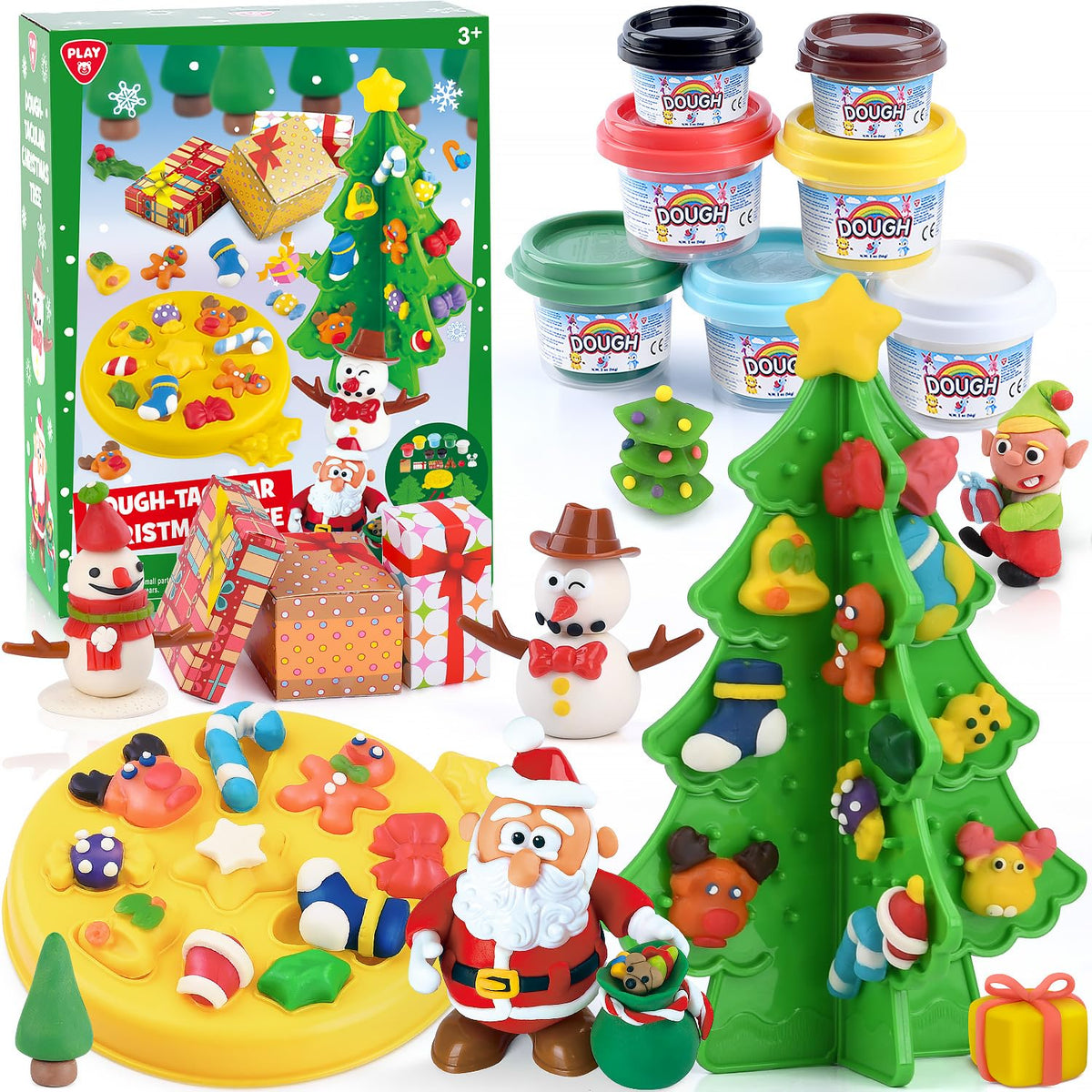 PLAY Christmas color dough sets packaging shows vibrant colors and kid-safe design.