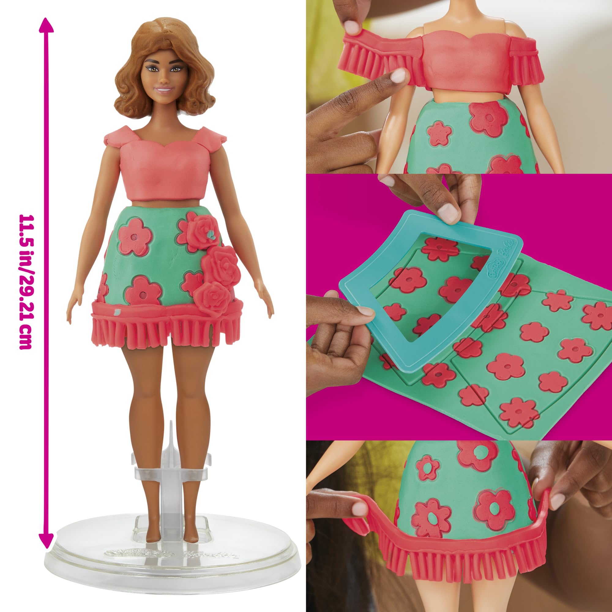 Play-Doh Barbie on stand ready for easy outfit customization during imaginative play.
