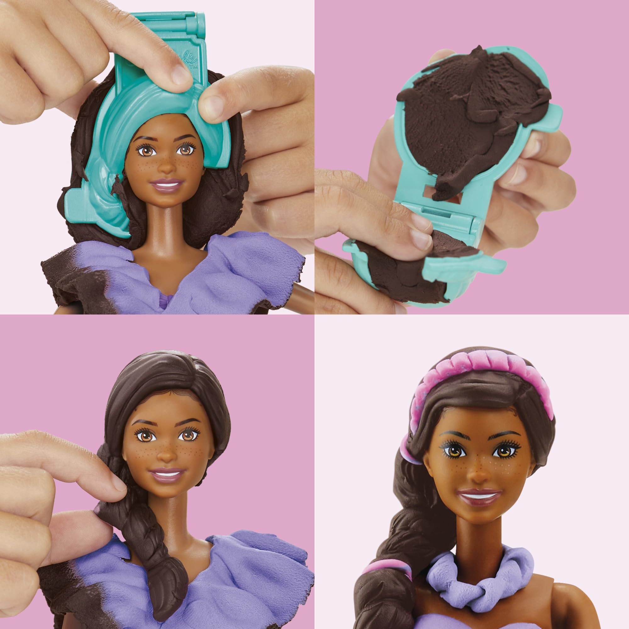 Play-Doh hair molds create a low bun and braid extension for Barbie.