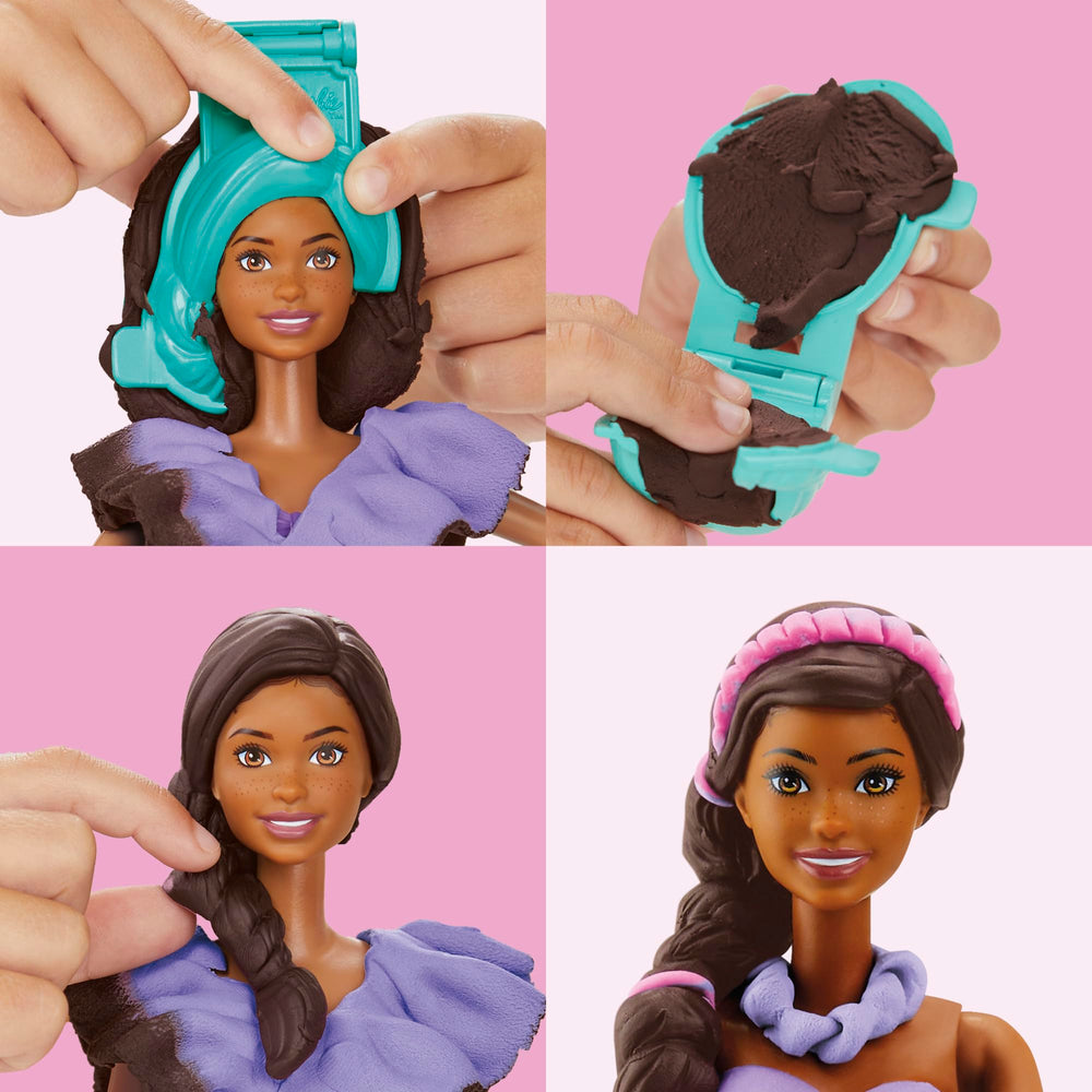 Play-Doh hair molds create a low bun and braid extension for Barbie.