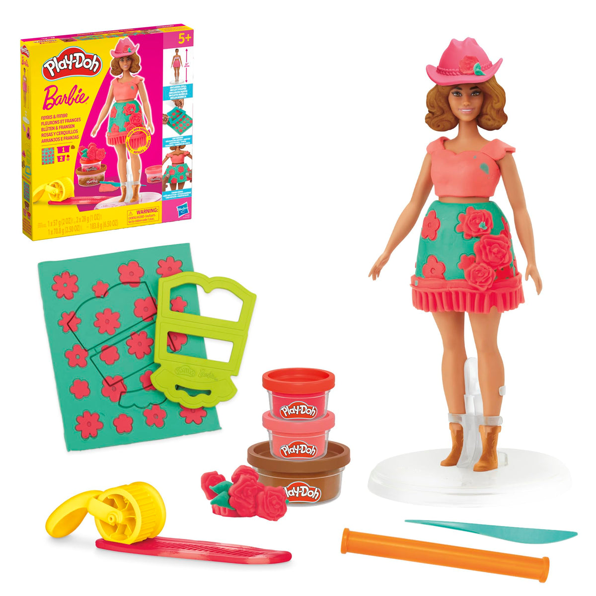 Play-Doh Barbie Florals and Fringe packaging offers a stylish creative fashion-design experience.