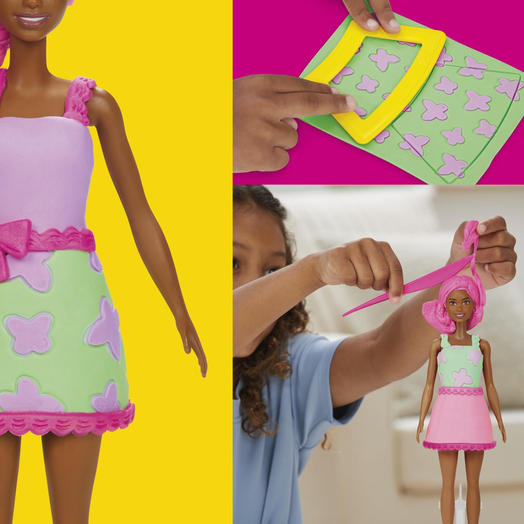 Play-Doh Barbie Garden Party hair molds create chic hairstyles.