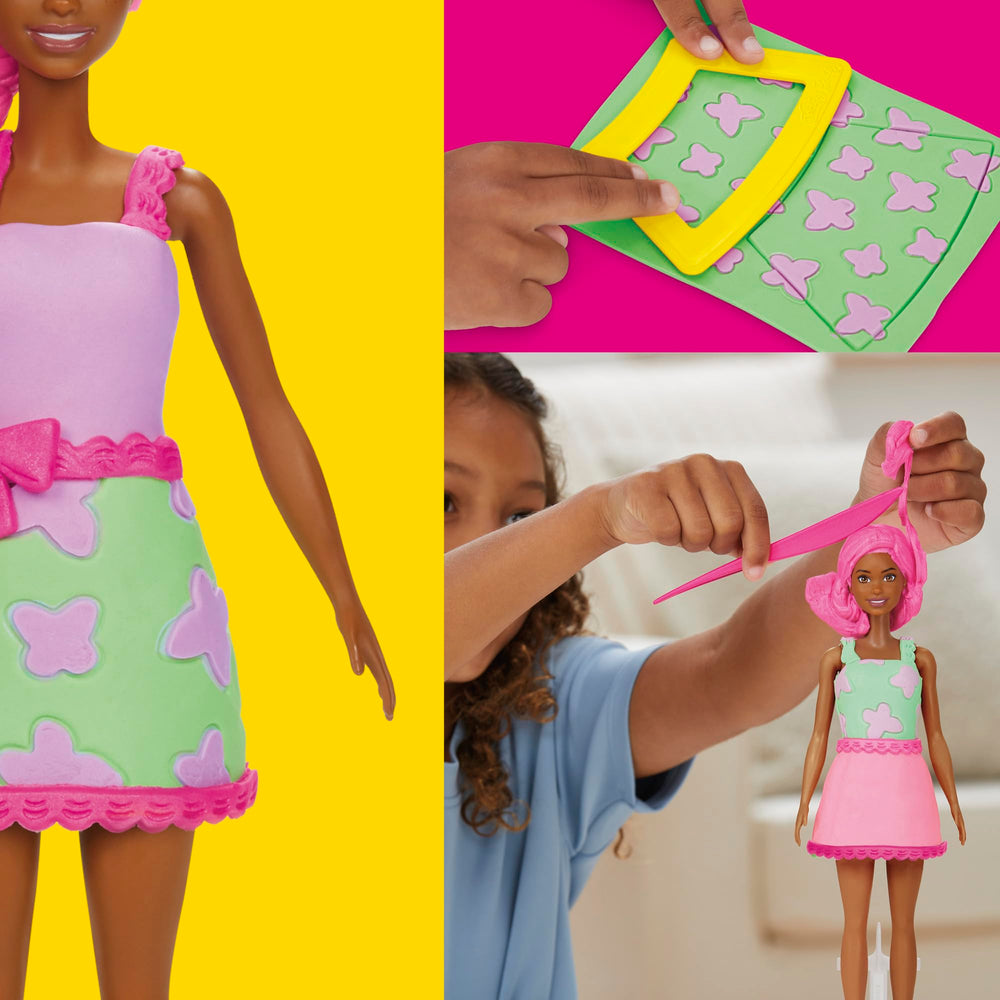 Play-Doh Barbie Garden Party hair molds create chic hairstyles.