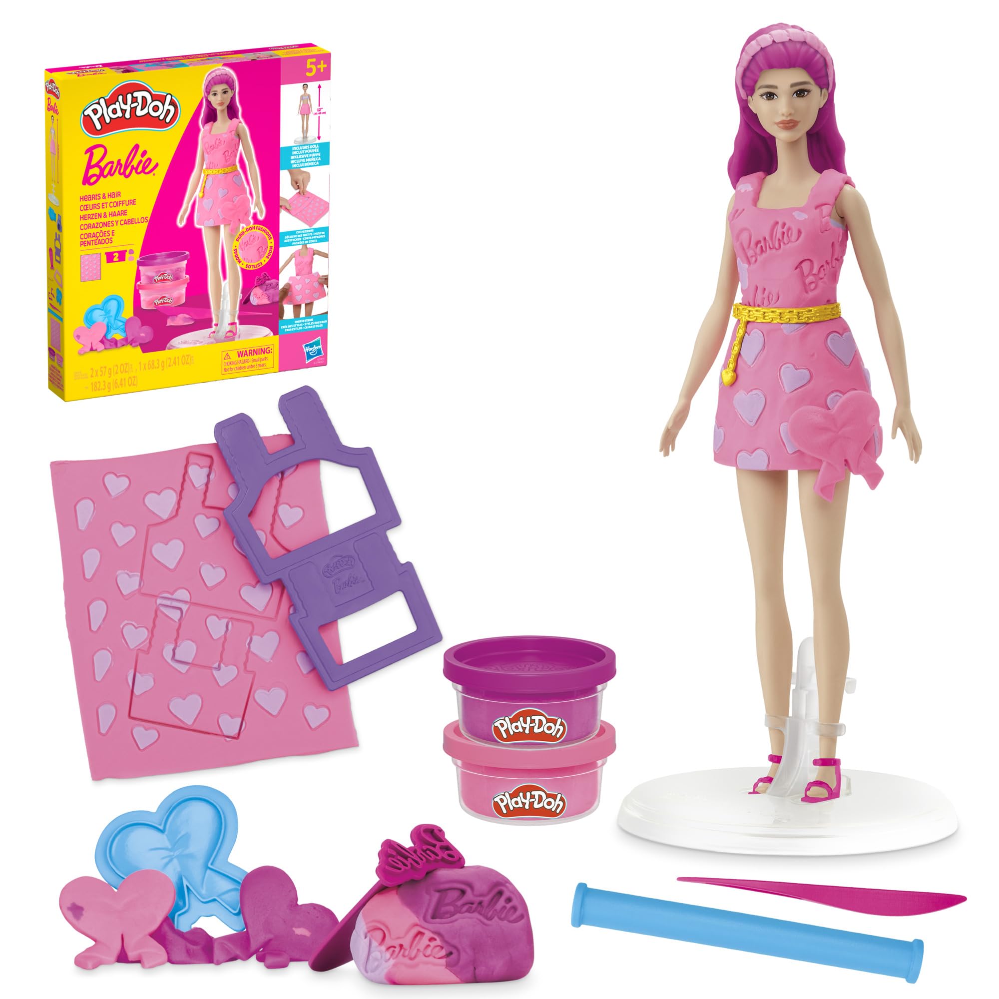 Play-Doh Barbie Hearts and Hair set on doll stand for easy styling and dress design.