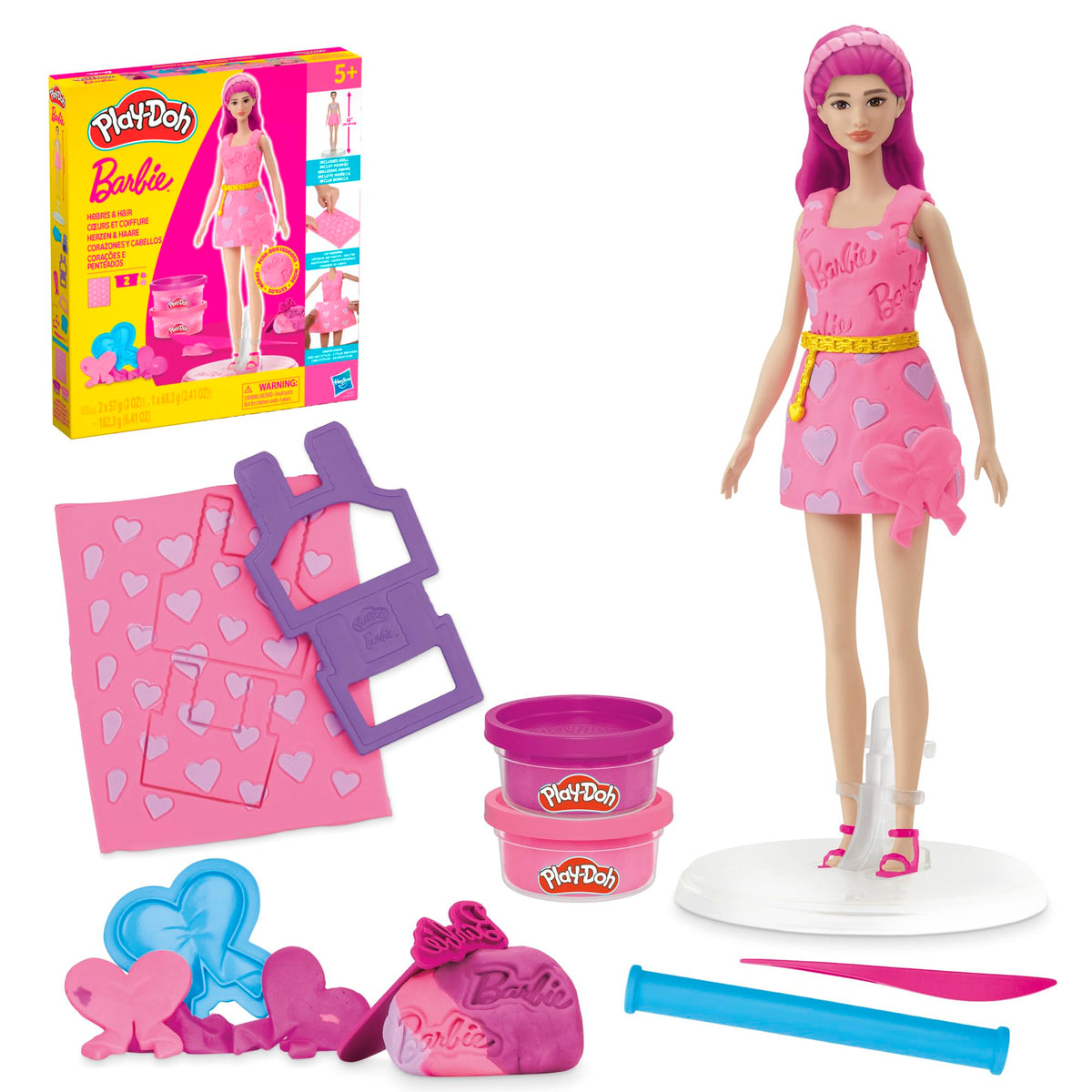 Play-Doh Barbie Hearts and Hair set on doll stand for easy styling and dress design.