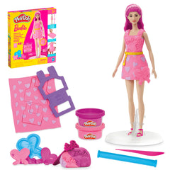Play-Doh Barbie Hearts and Hair set on doll stand for easy styling and dress design.