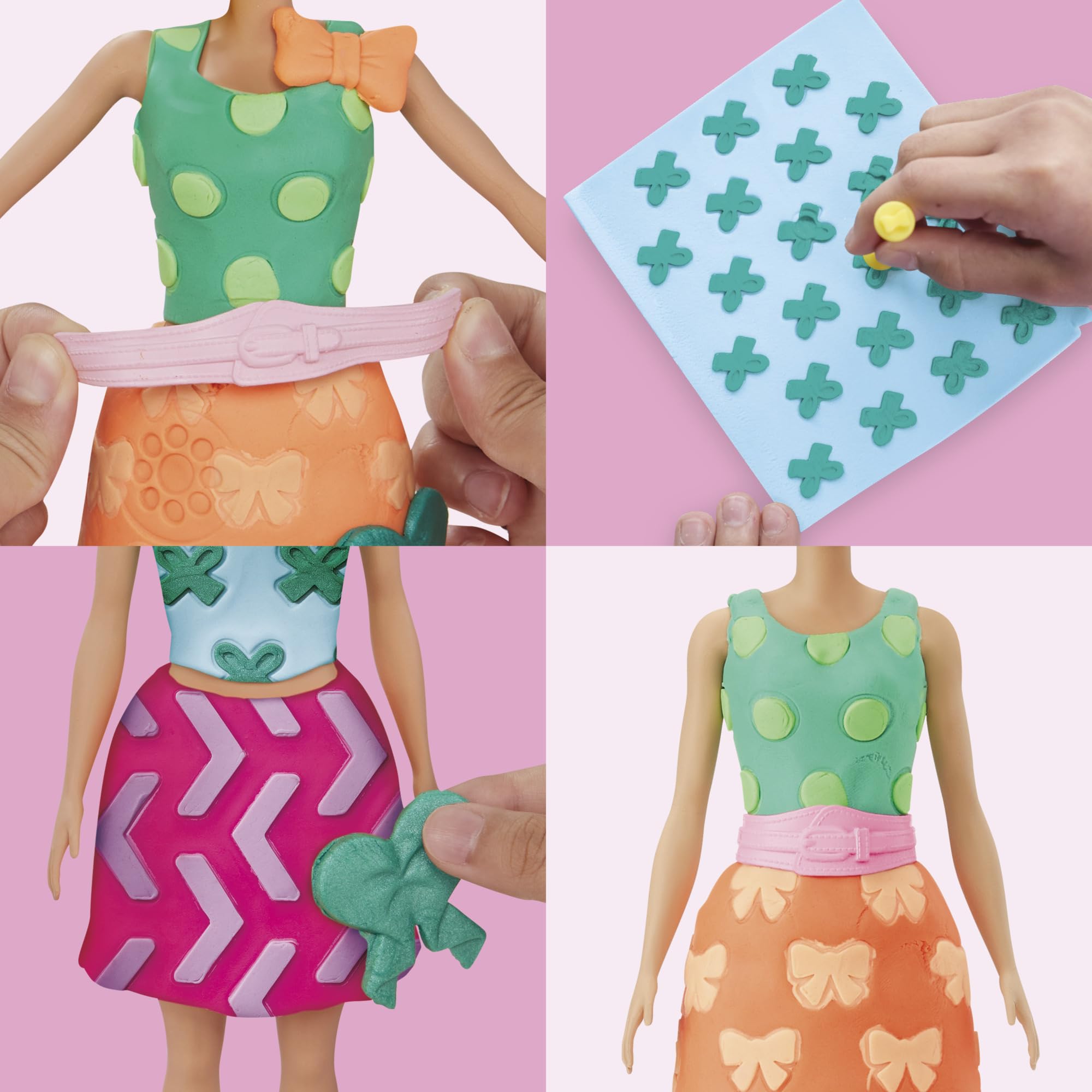Pattern sheets show pretend fabric designs with Play-Doh for Barbie outfits