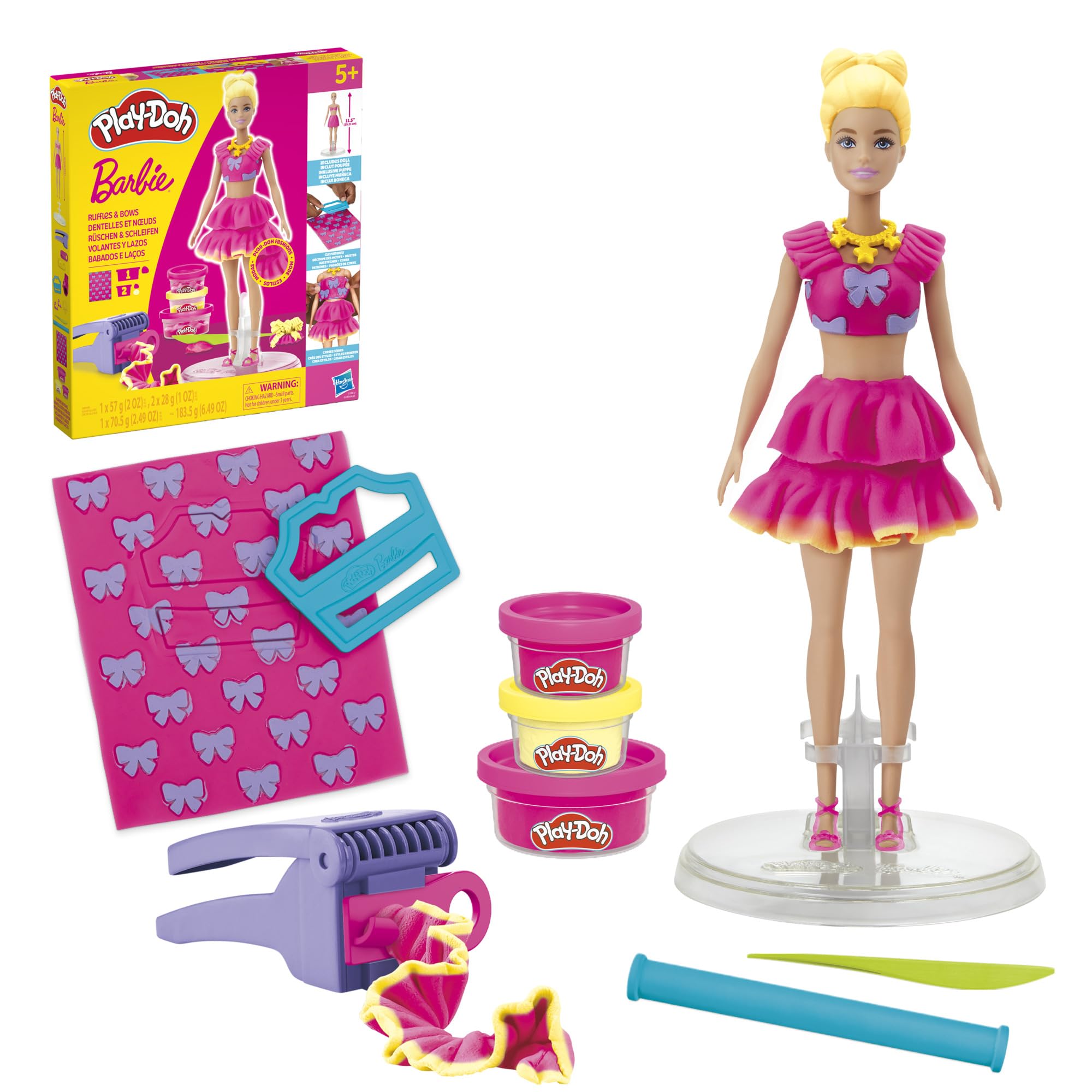 Play-Doh Barbie Ruffles and Bows Set on stand for easy doll fashion design.
