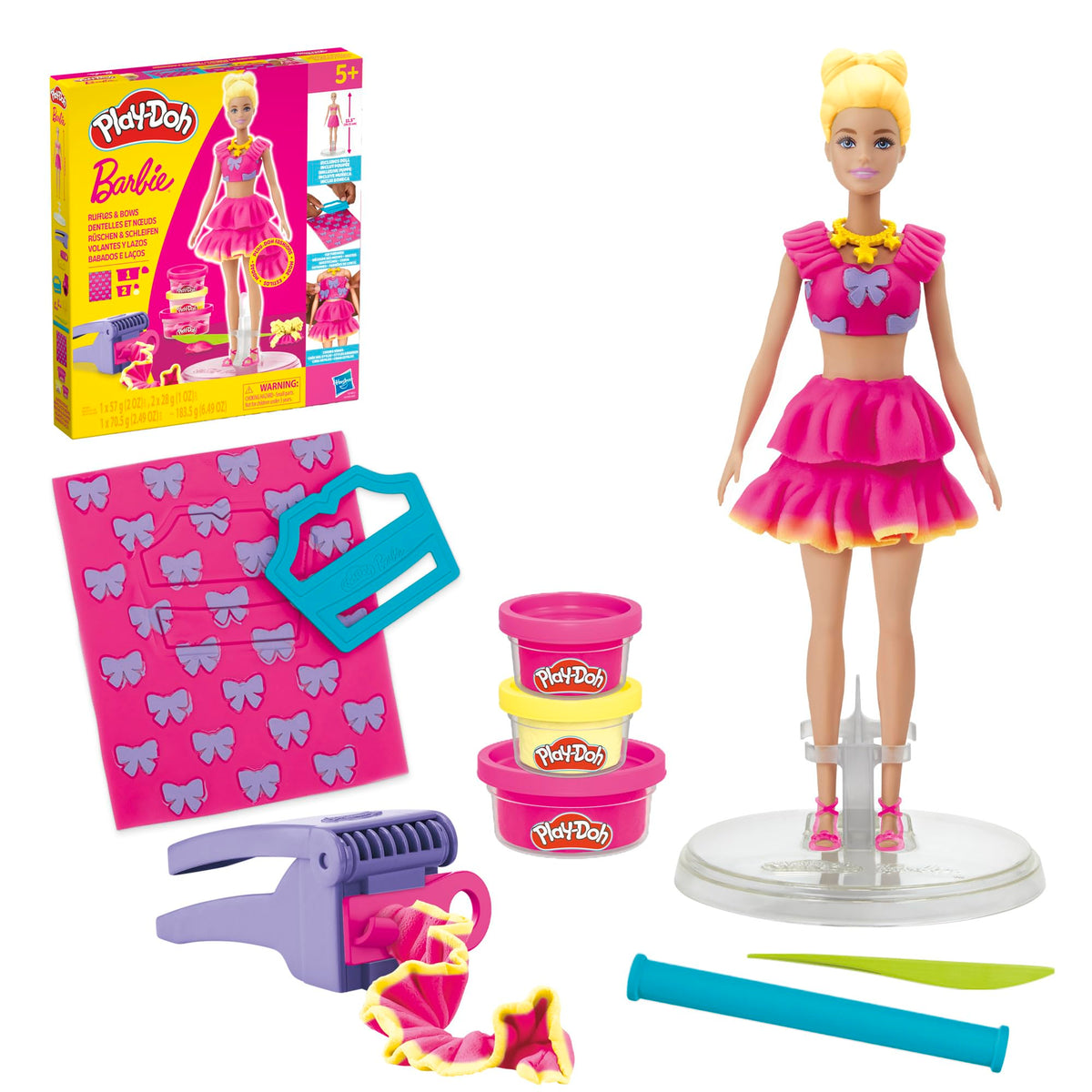 Play-Doh Barbie Ruffles and Bows Set on stand for easy doll fashion design.