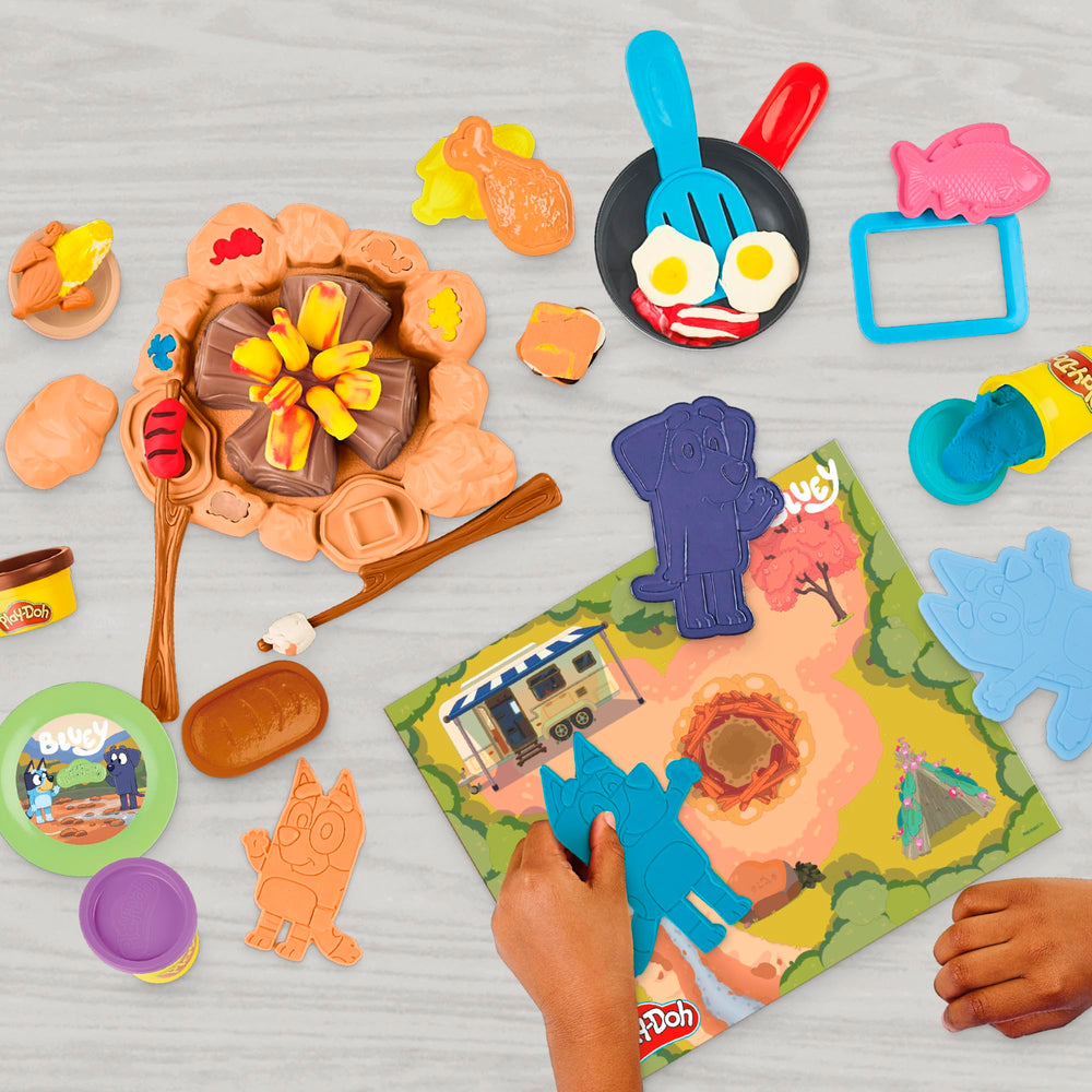 Play-Doh Bluey Goes Camping campfire tool creating imaginary flame textures