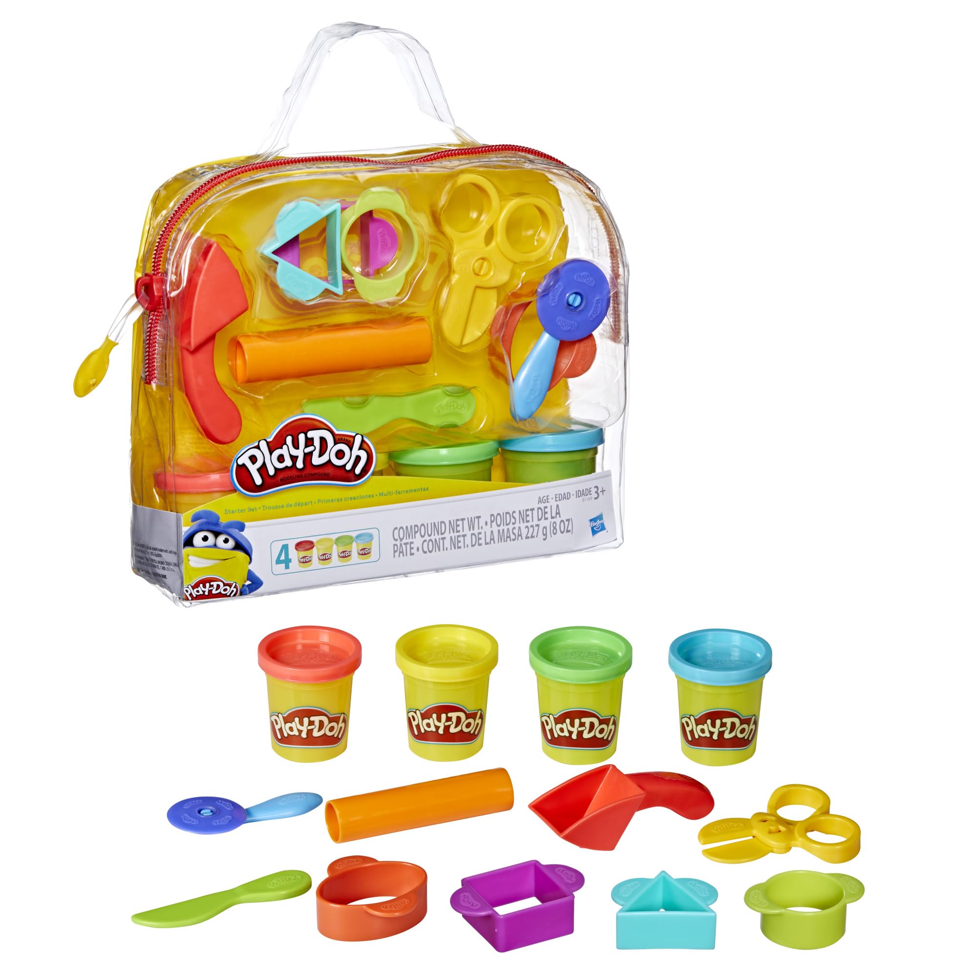 Four Play-Doh cans in blue, green, red, and yellow.