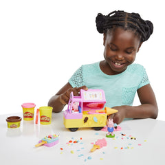 Play-Doh color cans in teal, red, pink, yellow, and brown.