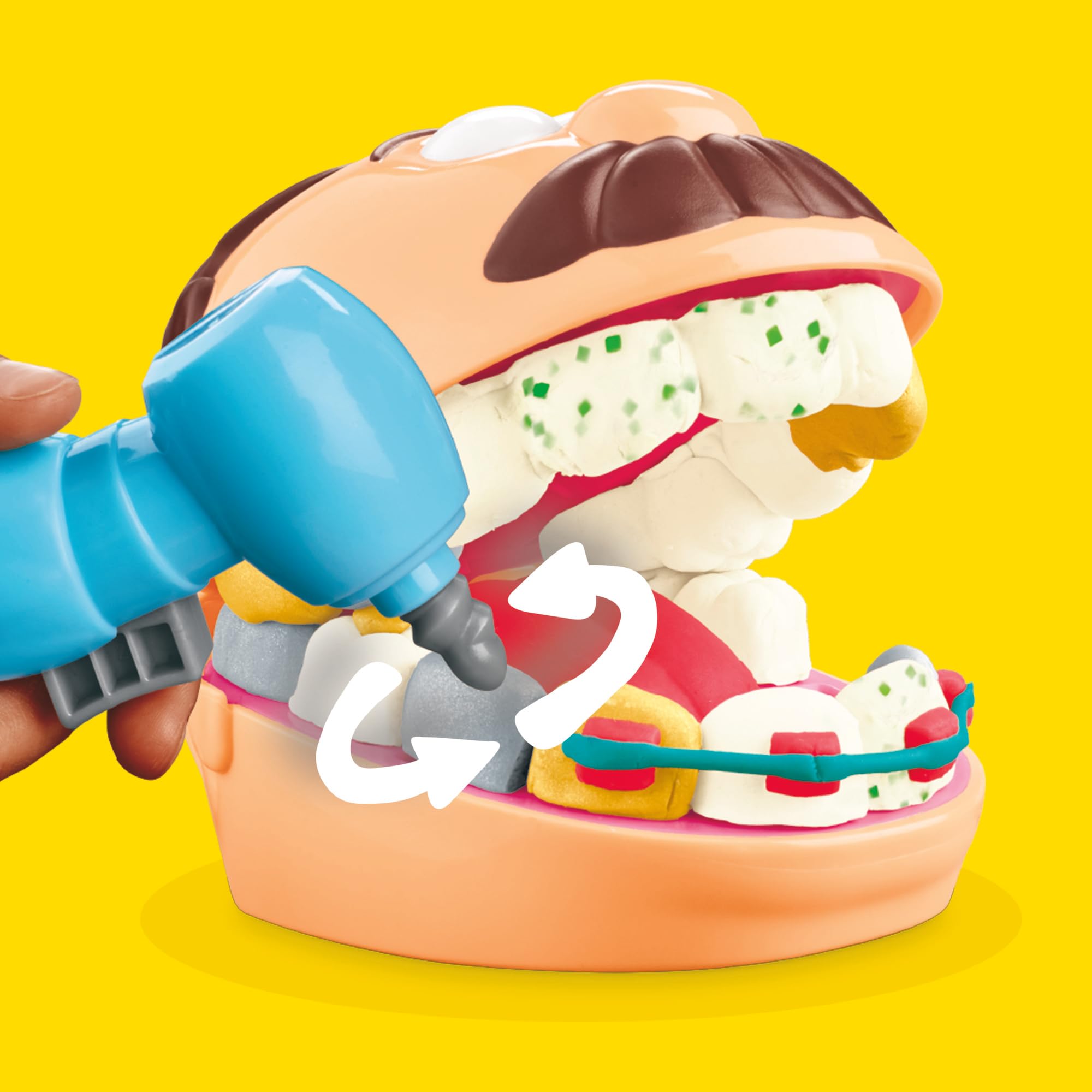 Play-Doh floss pick and mirror support complete pretend dental visit.