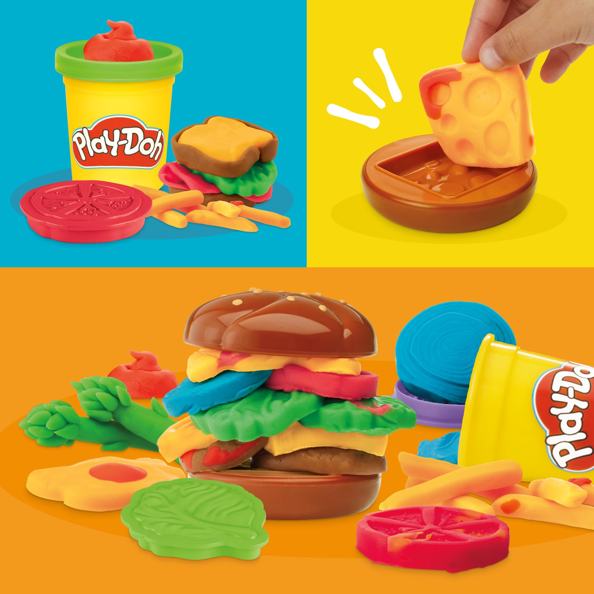 Play-Doh Grill Fun cheese stamp enhances color creativity in burger making