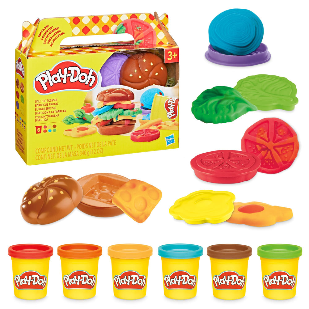 Play-Doh Grill Fun patty stamping captures kids shaping pretend burgers for fine motor play