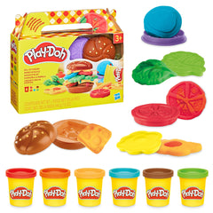 Play-Doh Grill Fun patty stamping captures kids shaping pretend burgers for fine motor play