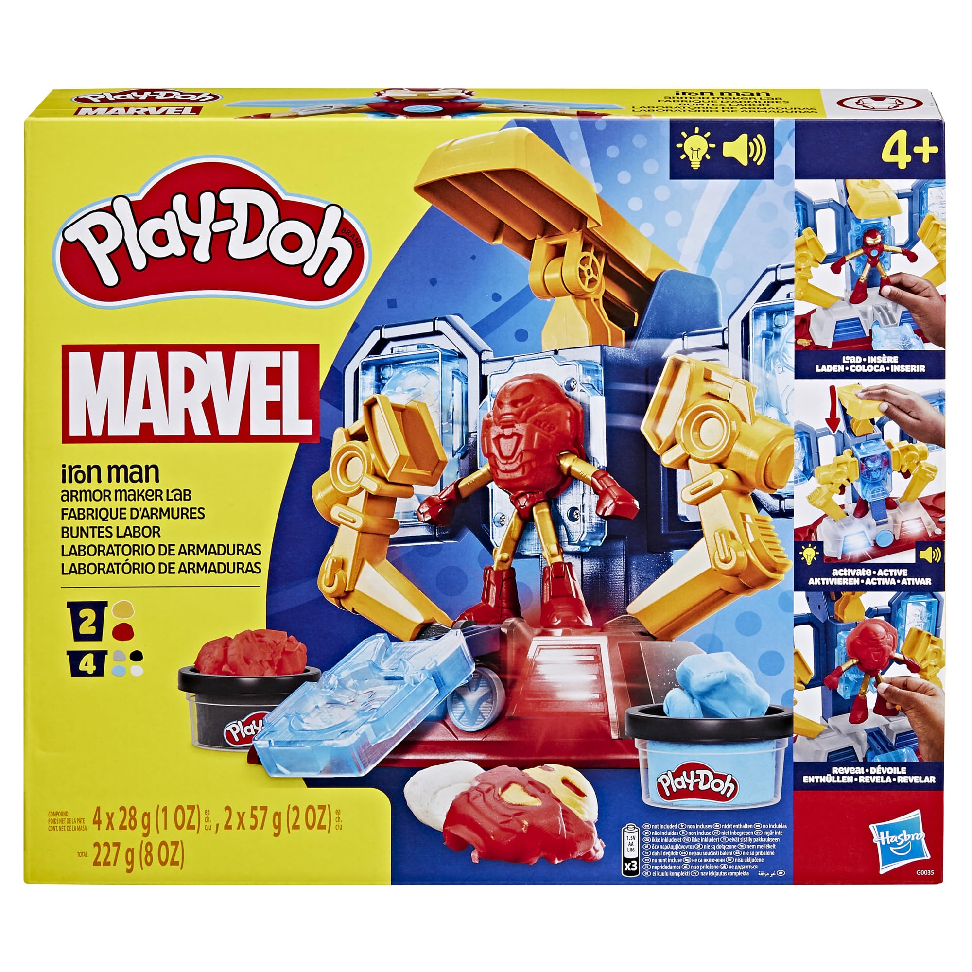 Play-Doh Iron Man armor with lights and sounds enhances immersive pretend play.