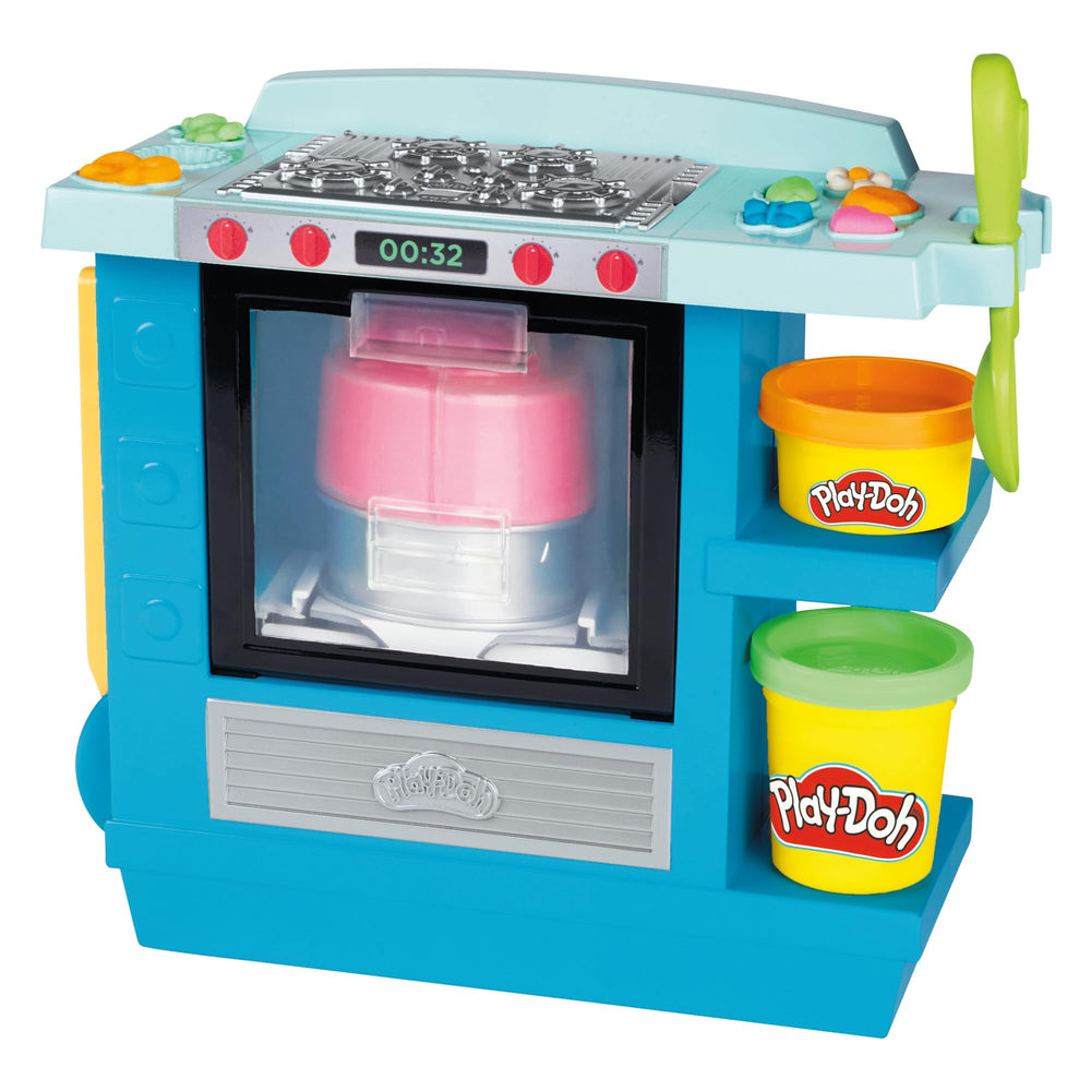 Play-Doh Kitchen Creations Rising Cake Oven shown with colorful dough for imaginative pretend baking.