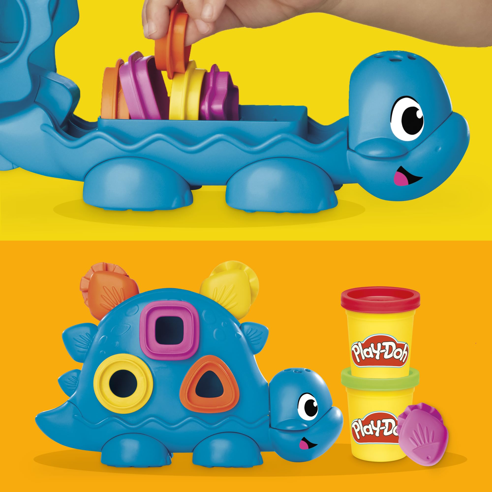 Play-Doh Shapes & Colors Dino Starter Set cutters attached to the dino for shape learning