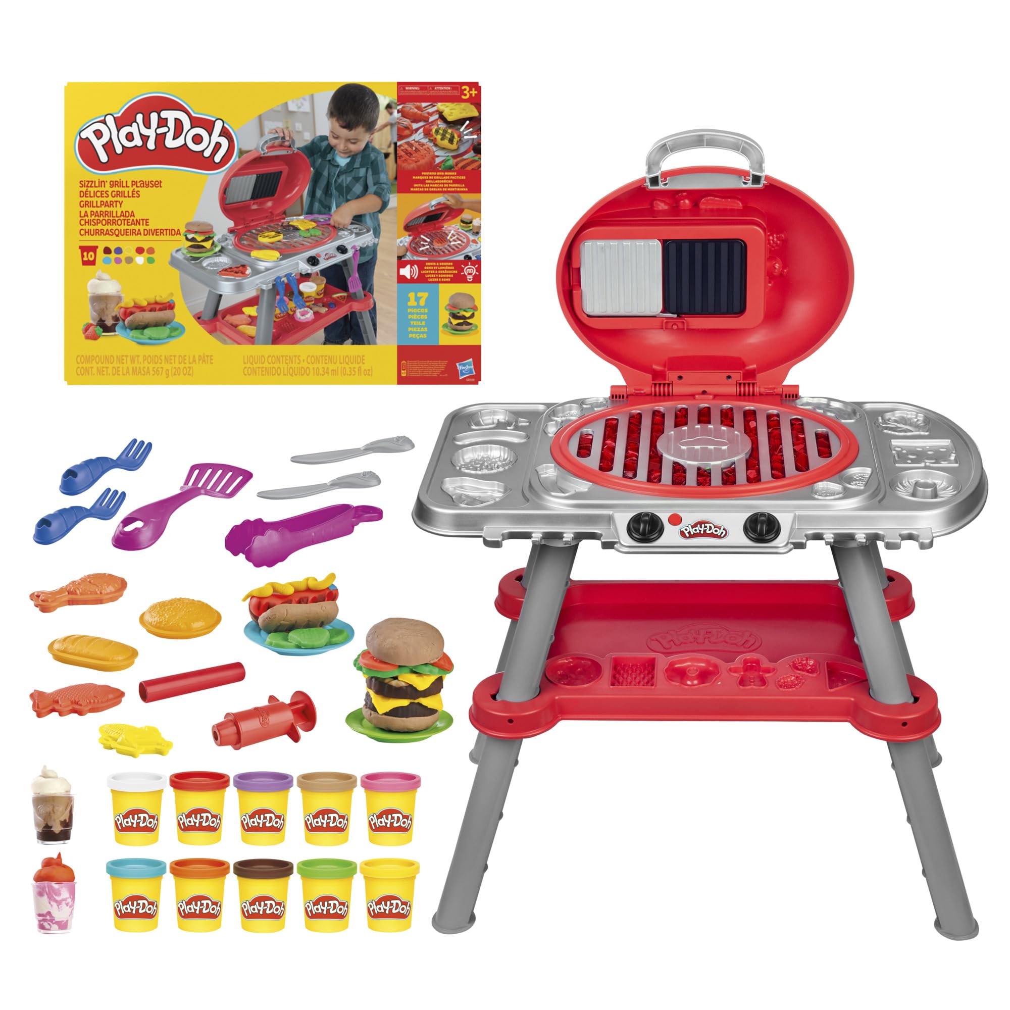 Play-Doh Sizzlin' Grill Playset lid open for large pretend barbecues.