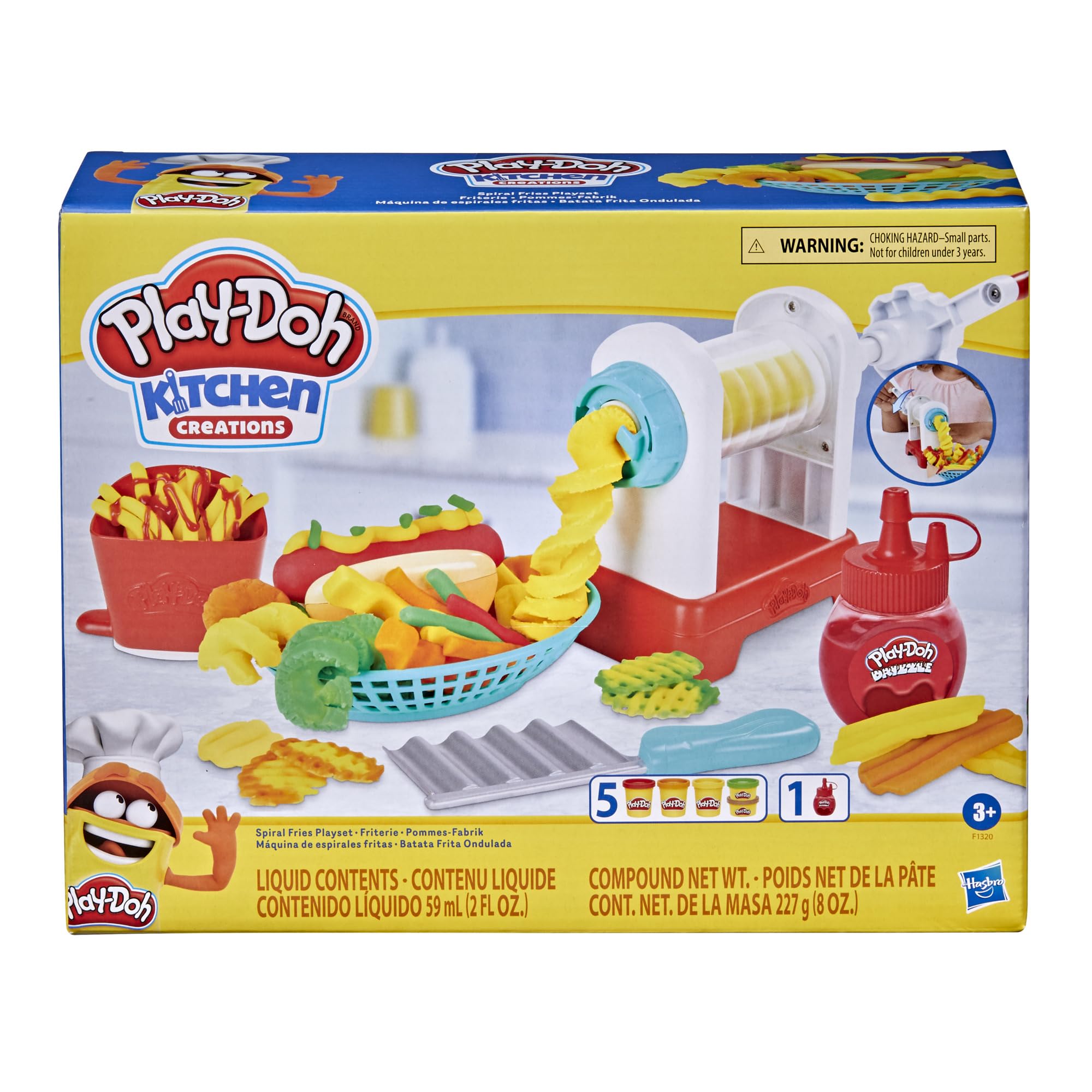 Play-Doh Spiral Fries colors burst as kids twist spiral and wavy fries in clear machine
