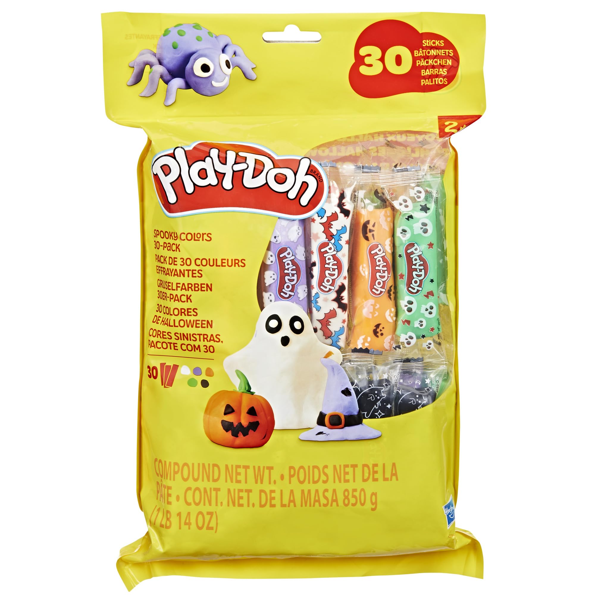 Play-Doh Spooky Colors 30 Pack packaging with individually wrapped sticks for easy sharing.