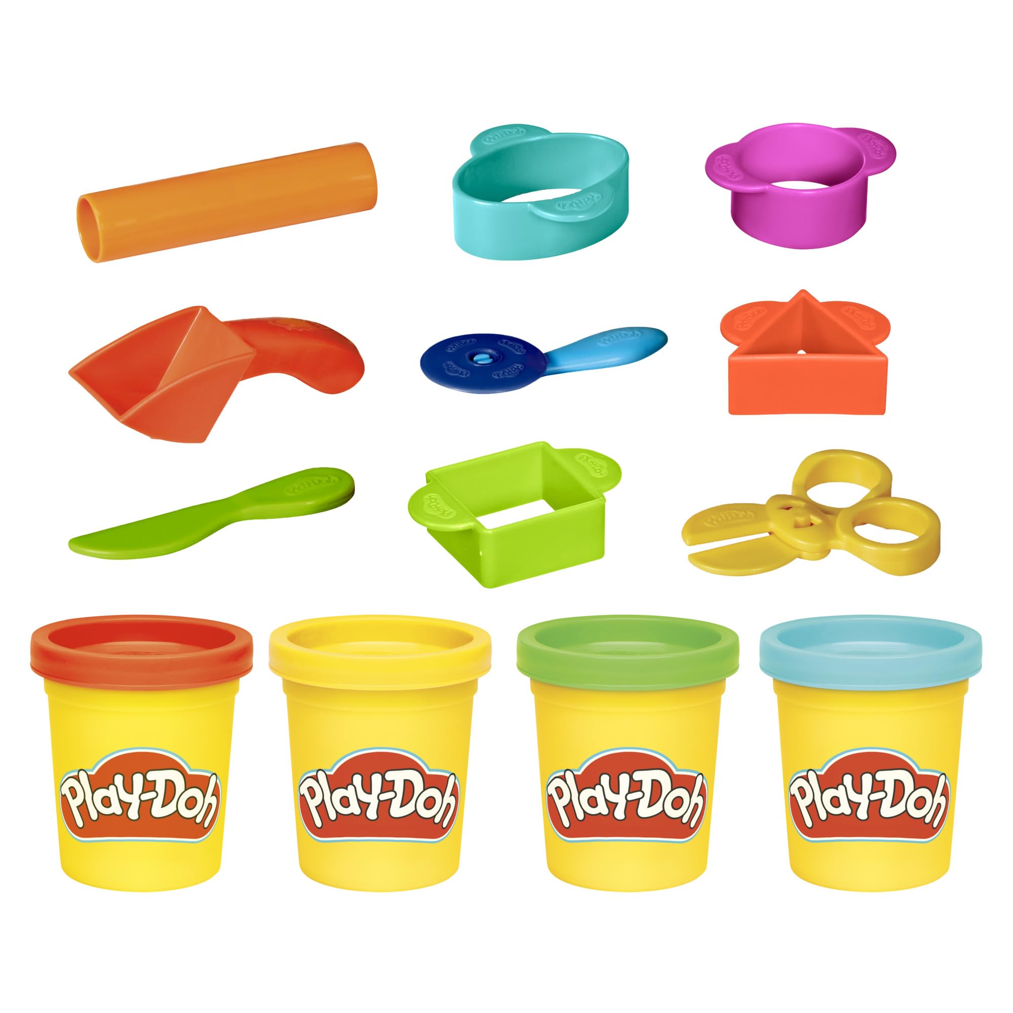 Play-Doh tools for cutting, stamping, and rolling colorful clay.