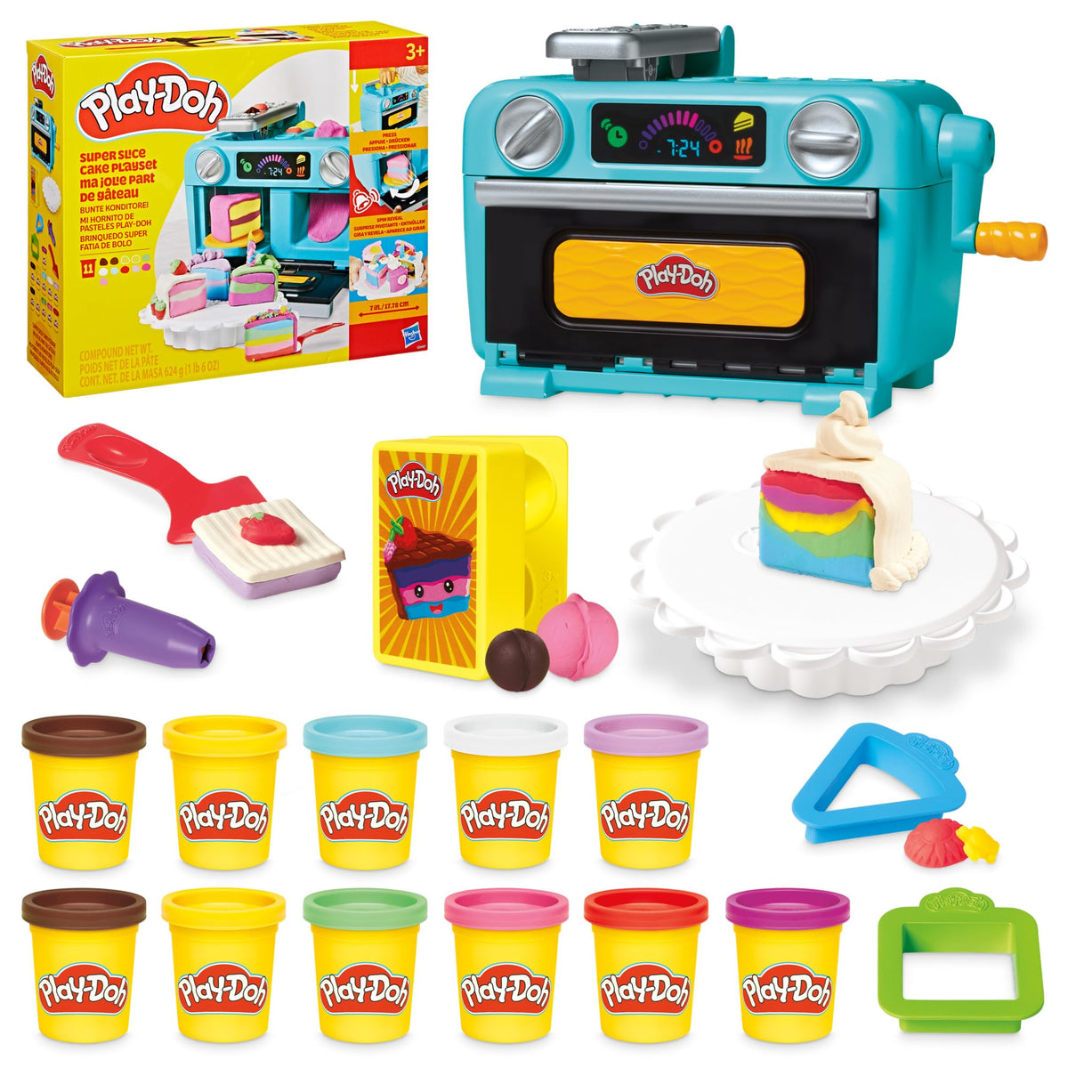 Play-Doh Super Slice Cake Playset: oven with spinning slice for pretend baking fun.