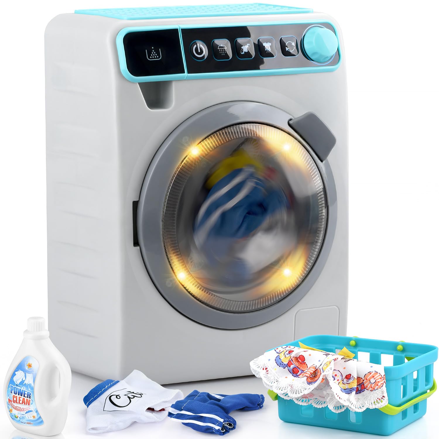 PLAY Kids Washing Machine drum spins during pretend laundry for imaginative play.