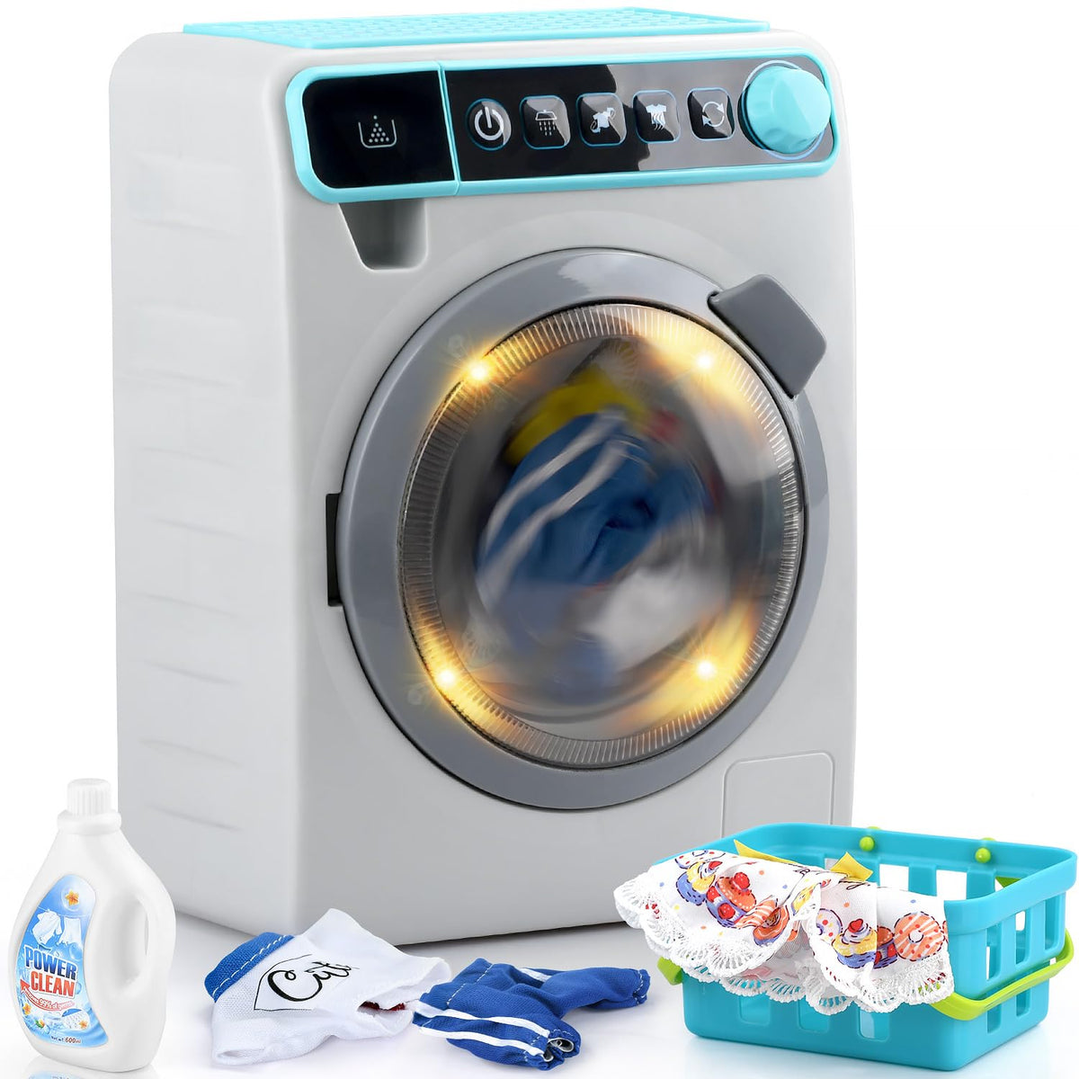 PLAY Kids Washing Machine drum spins during pretend laundry for imaginative play.