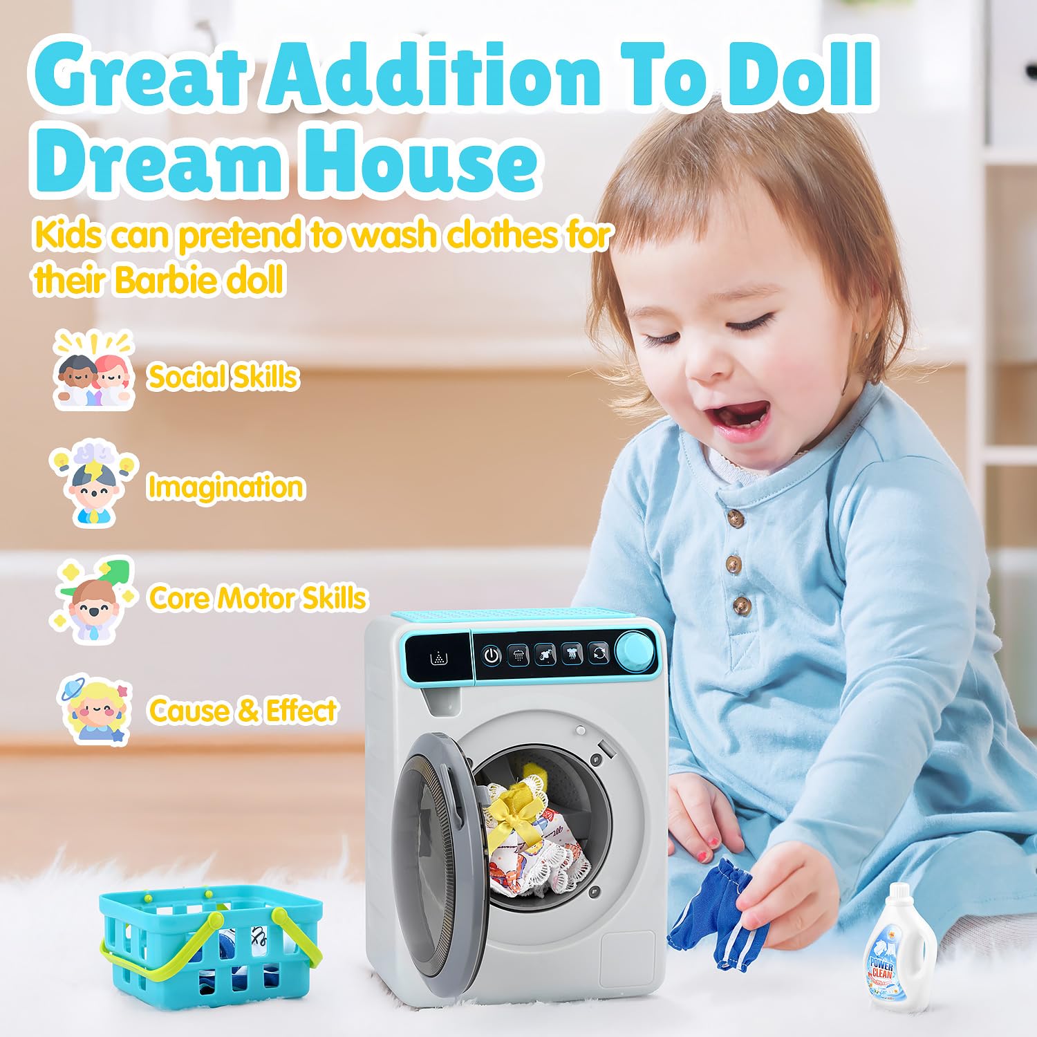PLAY Kids Washing Machine lights and sounds add engaging sensory feedback.