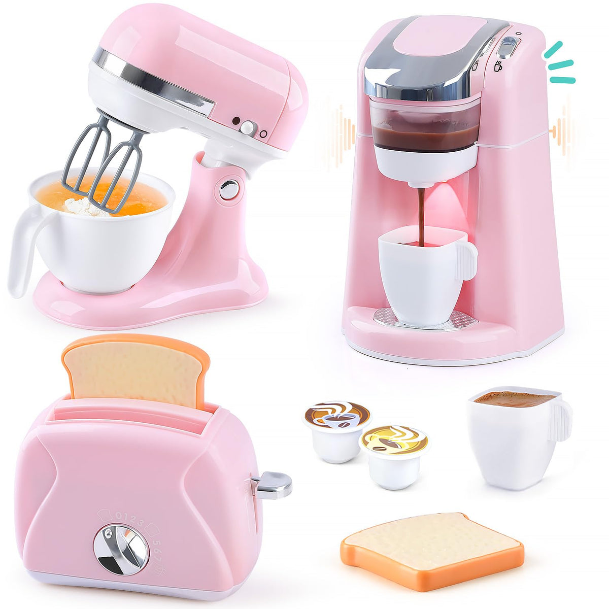 PLAY Kitchen coffee maker toy with lights and sounds for realistic breakfast play
