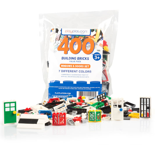 Play Platoon 400-piece windows-doors-roofs set packaging highlights versatile pieces for creative play.