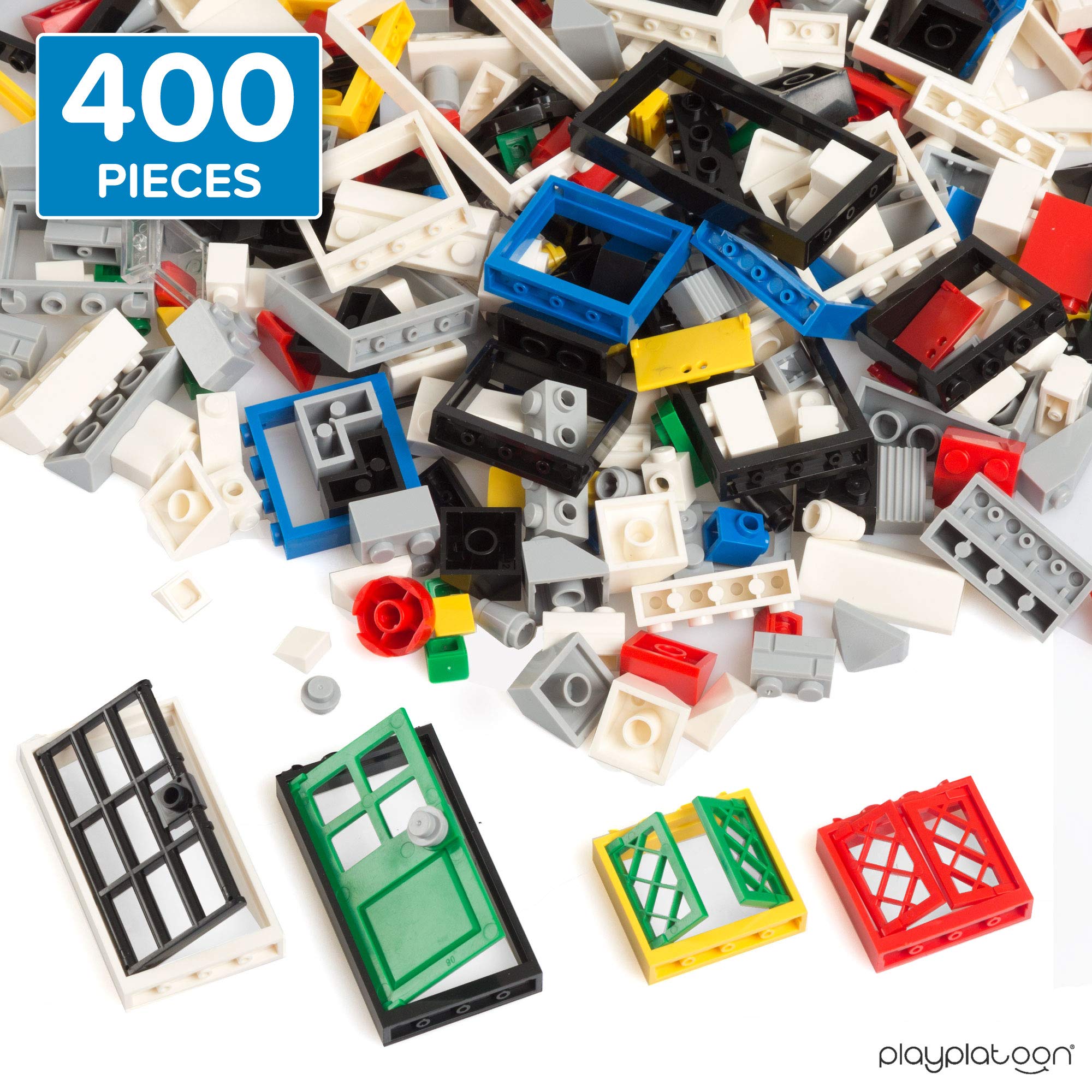Play Platoon 400-piece windows-doors-roofs set closeup shows colorful windows and doors for construction.