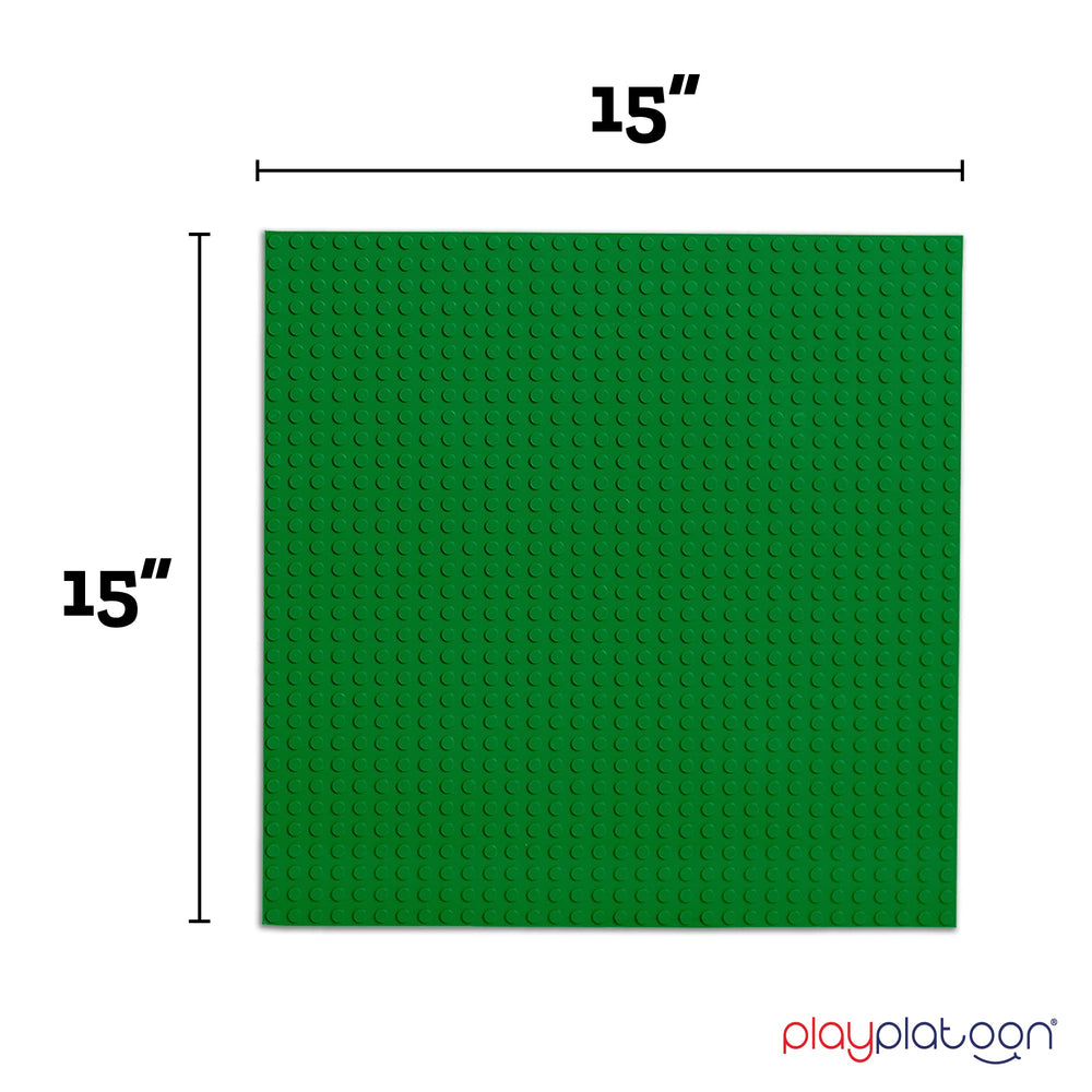 Play Platoon baseplate with bricks on green surface displaying compatibility