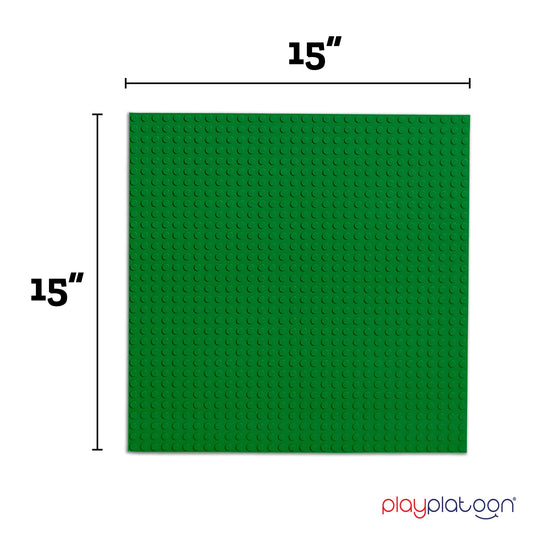 Play Platoon baseplate with bricks on green surface displaying compatibility