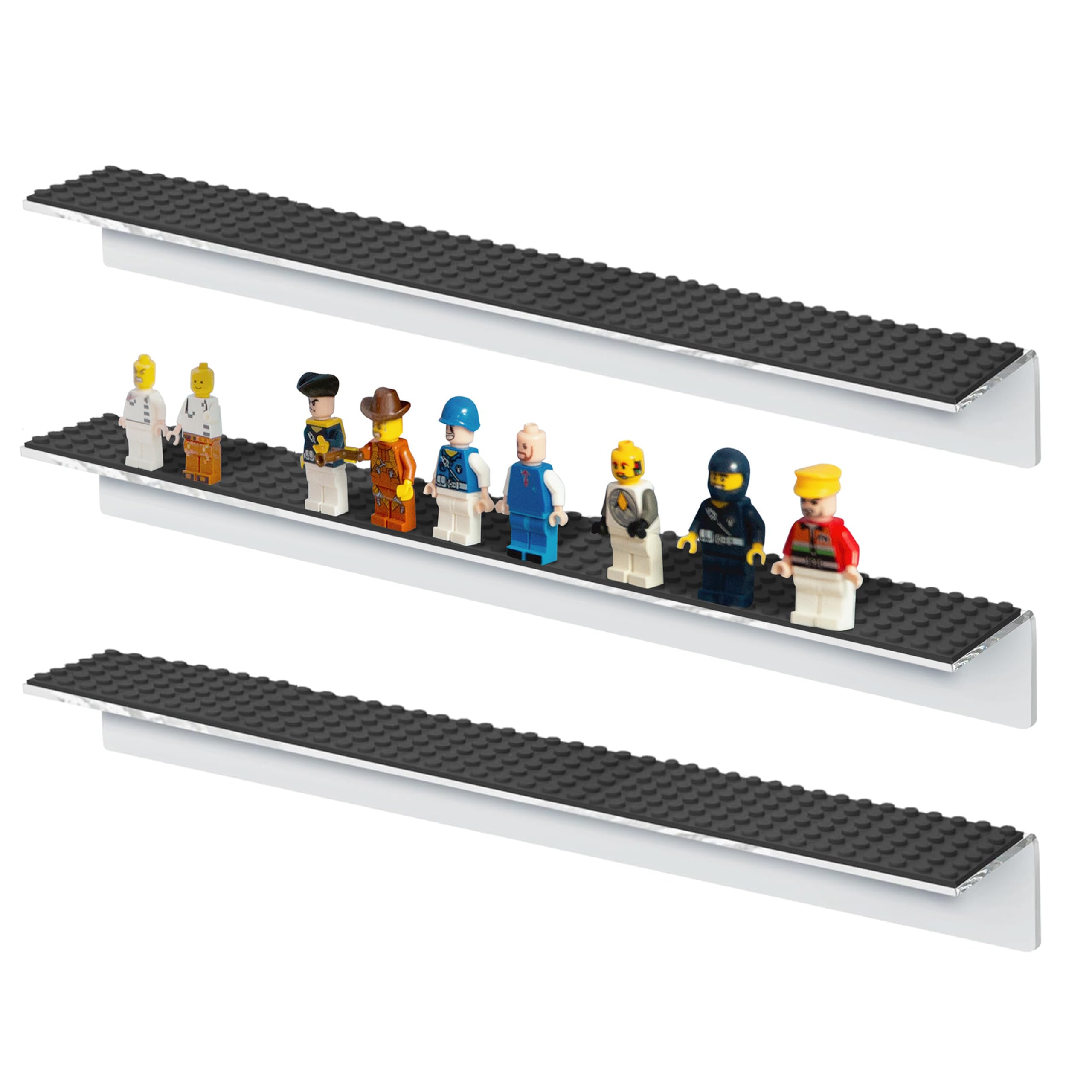 Play Platoon wall-mounted display shelves in clear acrylic show figures with clutter-free appeal.