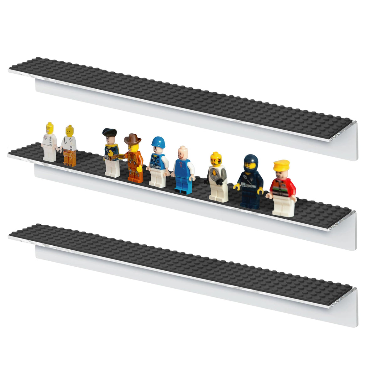 Play Platoon wall-mounted display shelves in clear acrylic show figures with clutter-free appeal.