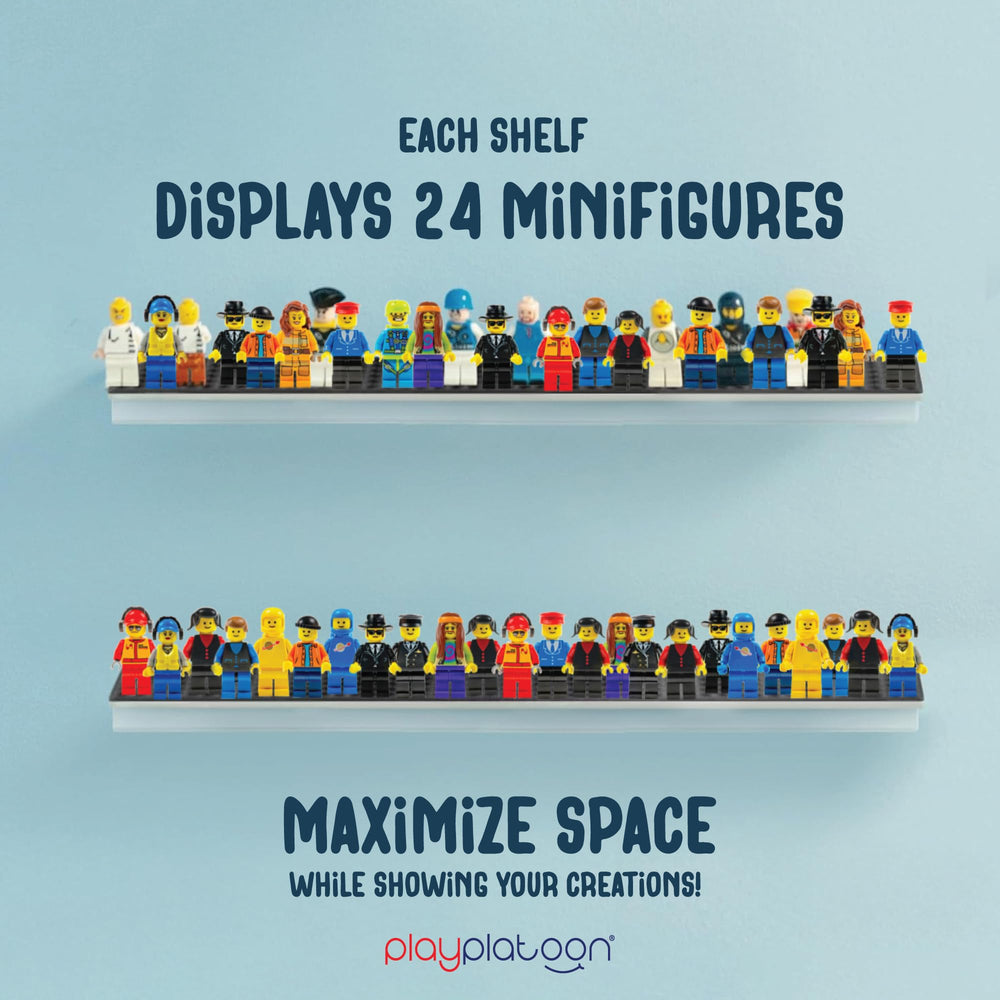 Play Platoon clear acrylic shelves elevate Lego, Megablox collections with modern, low-profile display.