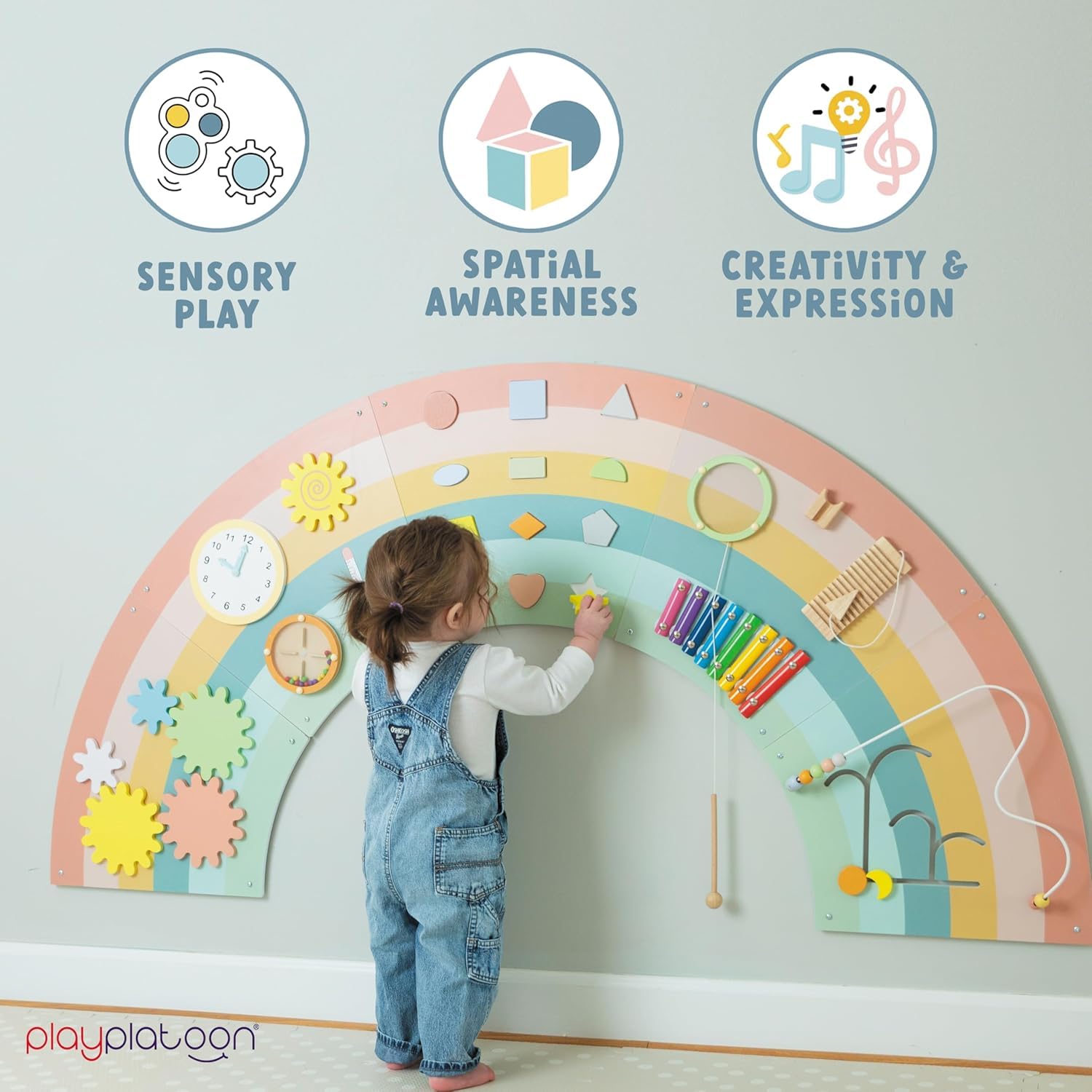 Eleven-activities layout on Play Platoon wall panel encouraging varied sensory play.